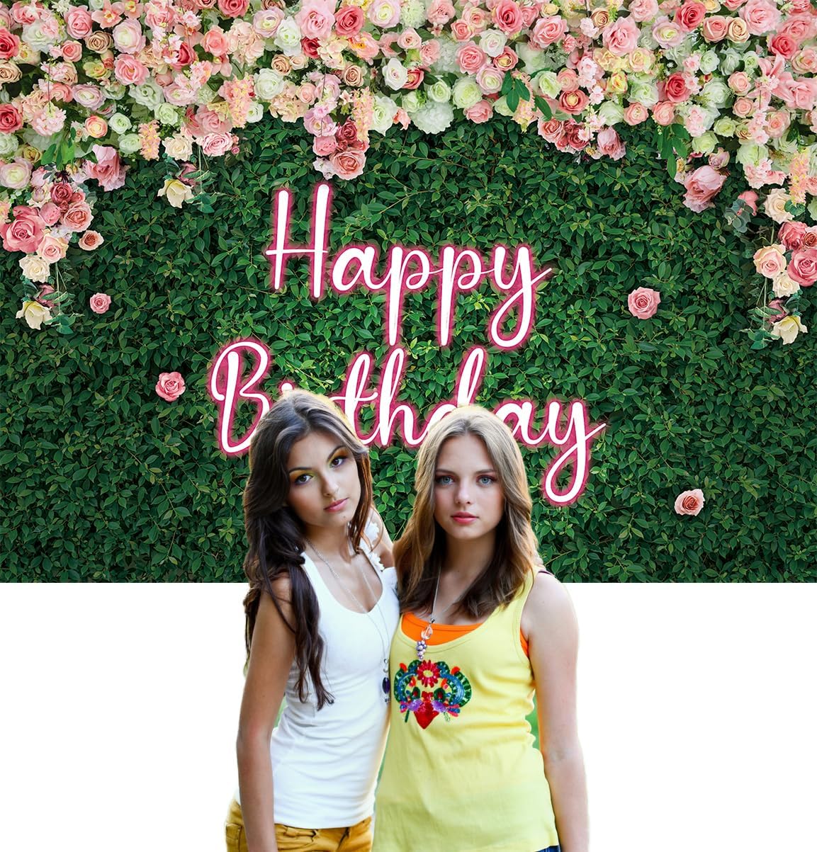 Thumbnail 4 de Green Leaves Happy Birthday neon pink rose backdrop (7x5ft) for photo & party table styling