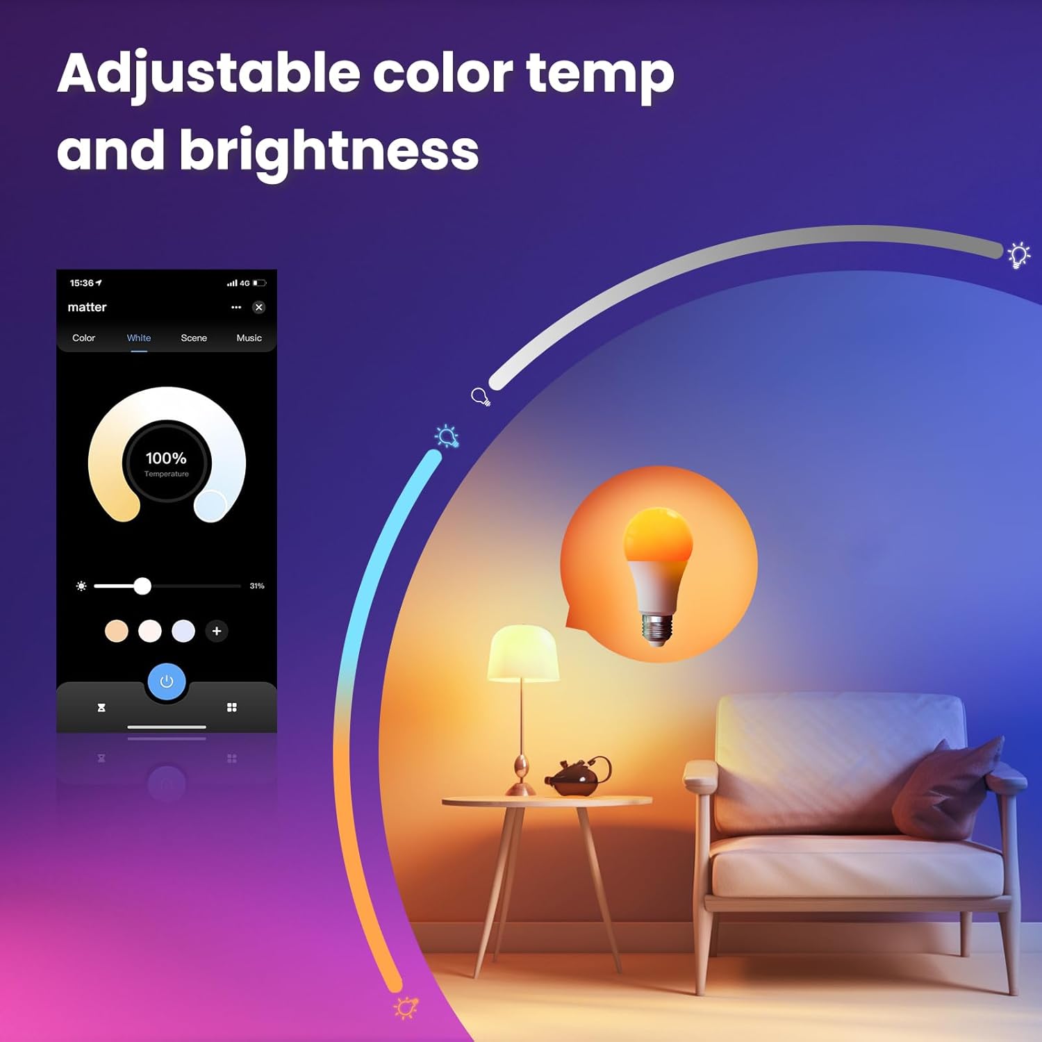 Thumbnail 3 de MOES Smart Bulb E27 A60 (4 Pack) – Matter over WiFi, 9W, 806lm, 2700K–6500K RGB, Dimmable, with HomeKit/Alexa/Google Home