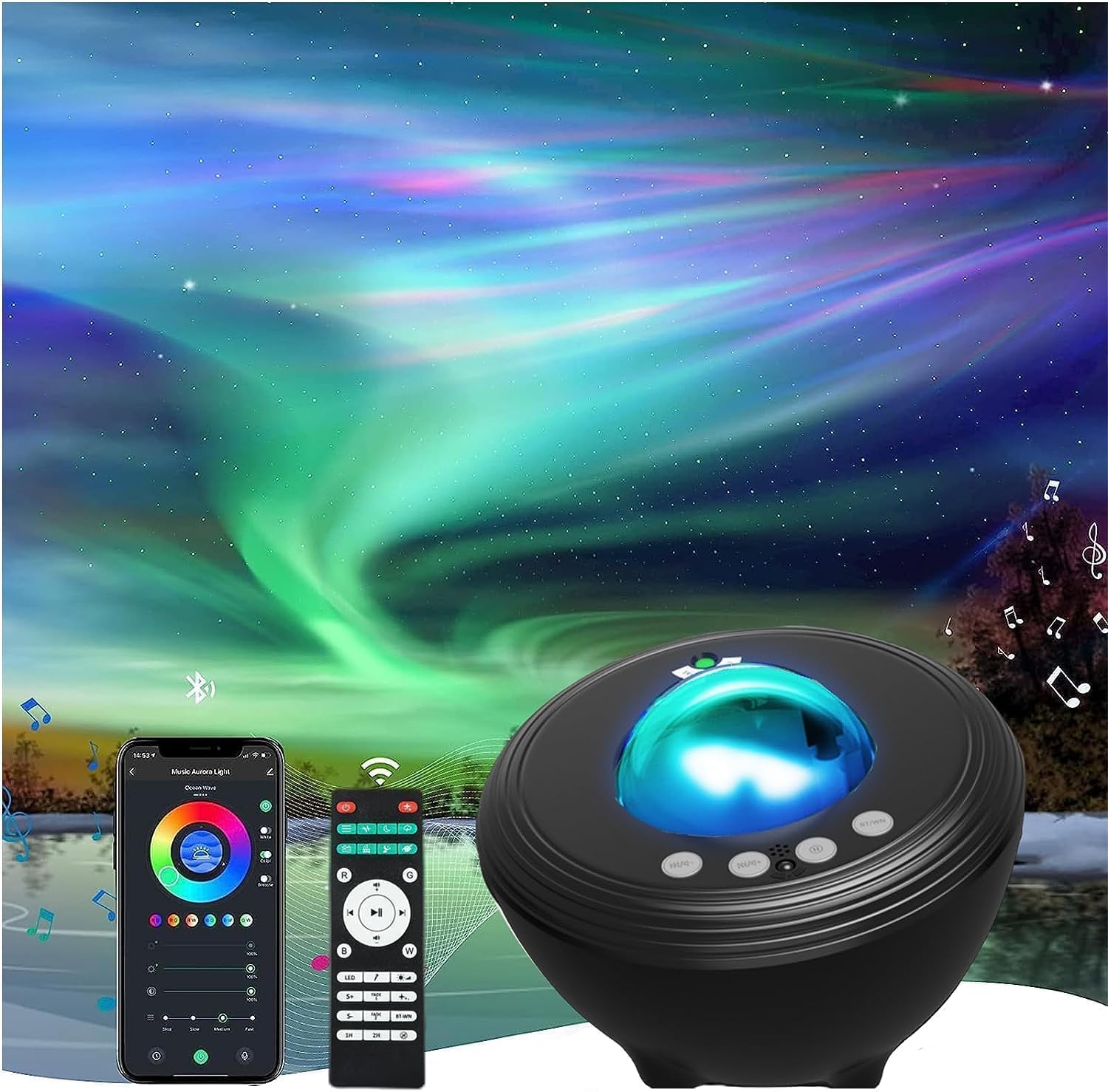 Detalle de YunLone Proiettore Stelle Soffitto Aurora: luce stellata, suono e controllo vocale per notti magiche