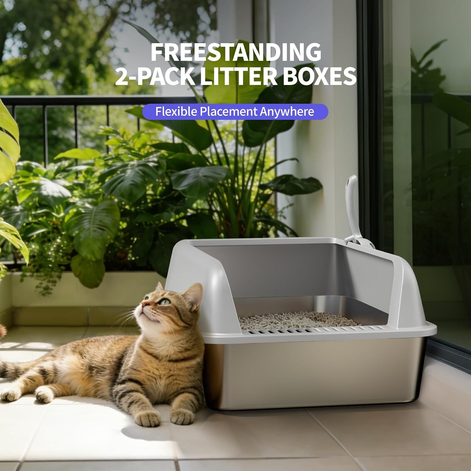 Detalle 2 de Fusblom 2 Pack Stainless Steel Cat Litter Tray with Scoops (High-Sided, Non-Sticky) – Dark Grey & Light Grey
