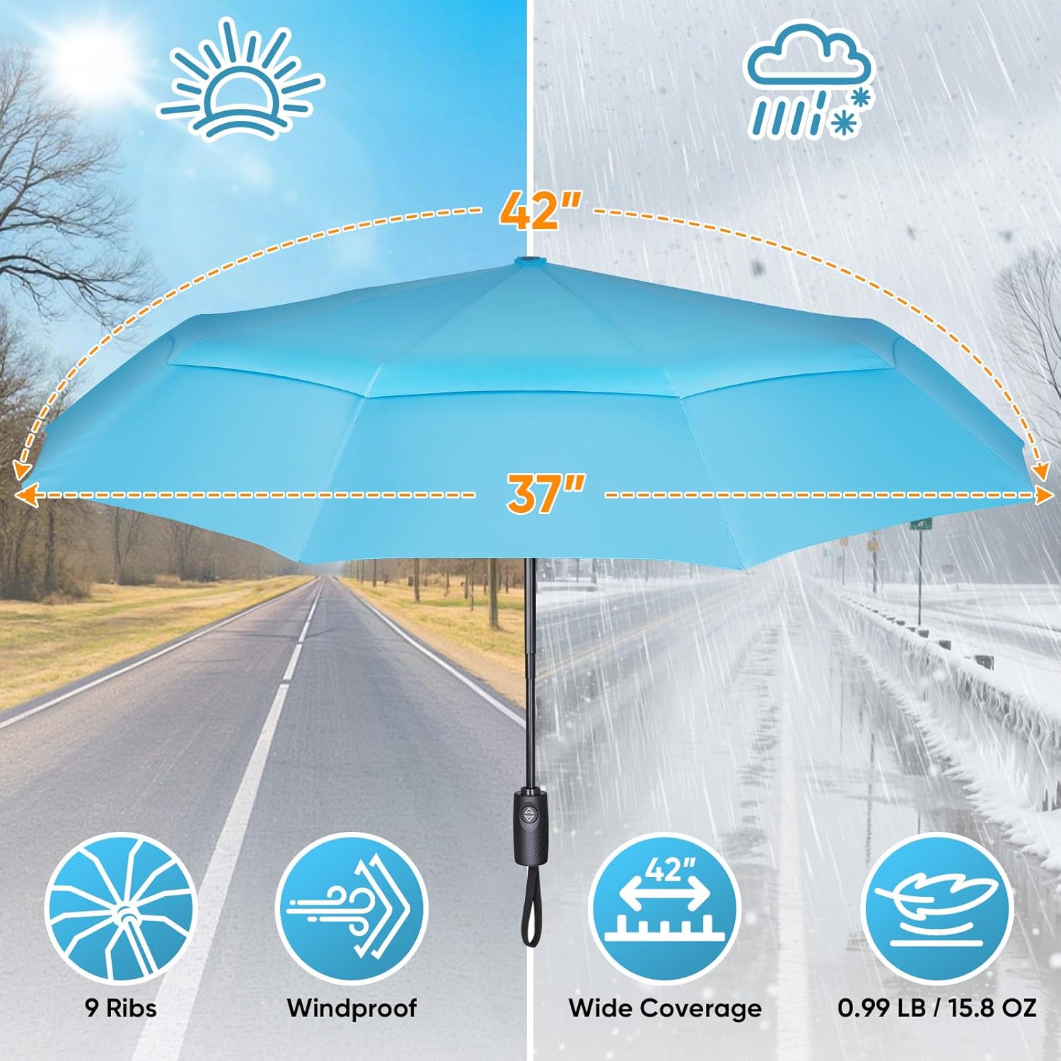 Detalle de PTEROMY Windproof Compact Travel Umbrella 42"