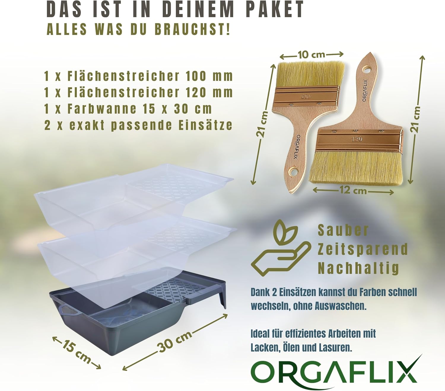 Thumbnail 6 de ORGAFLIX Flächenstreicher-Set 120mm + 100mm inkl. Farbwanne 15x30cm – Vielseitiger Malerb & Pinsel-Profisatz