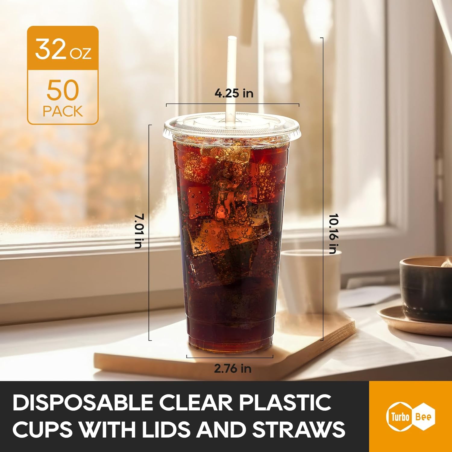 Detalle de Turbo Bee 50 Sets 32 OZ Clear Plastic Cups with Lids and Straws