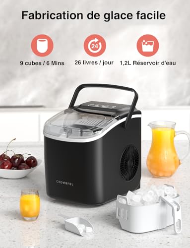 Detalle 2 de CROWNFUL Machine à Glaçon Portable: 9 glaçons en 6 minutes, 11 kg/24h, autonettoyante
