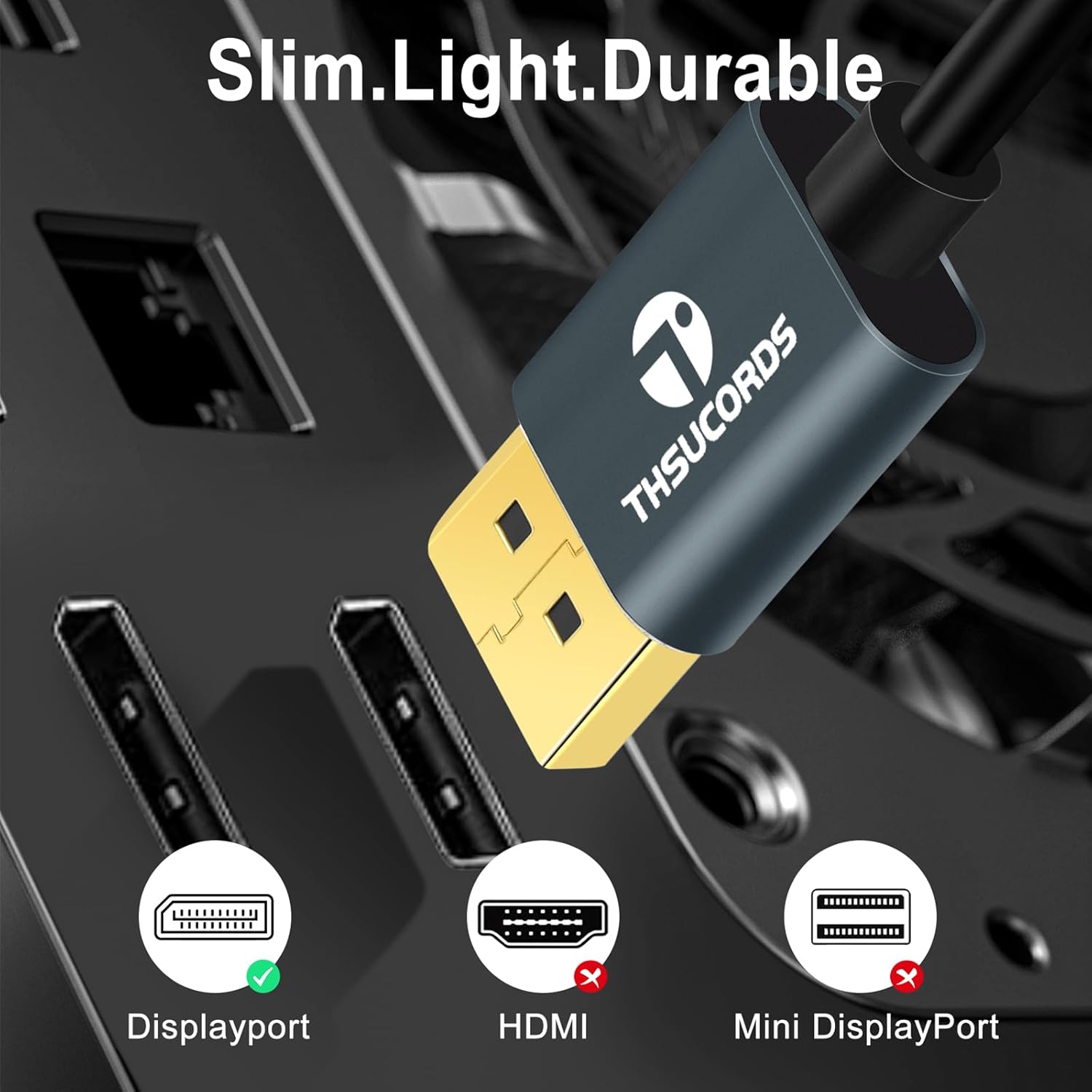 Detalle de Thsucords DisplayPort Cable 5M 2-Pack – Ultra Slim DP 1.4, 8K/4K Compatible, 32.4Gbps