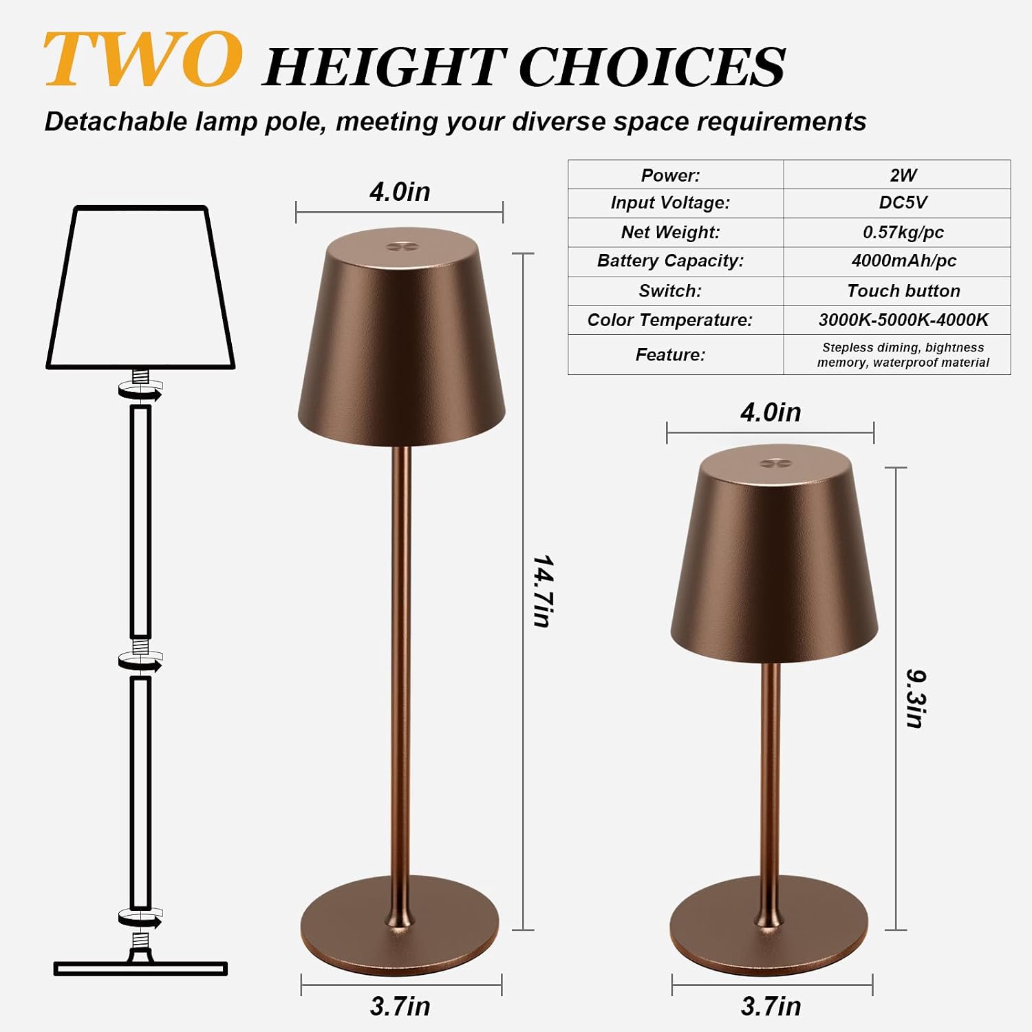Thumbnail 6 de Aooshine Cordless Table Lamps (Set of 2) with Touch Control – 3-Colour Modes, USB-C Rechargeable, Brown