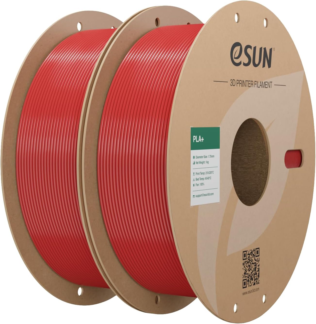 eSUN PLA+ Filament 1,75 mm renforcé (ténacité), précision ± 0,03 mm — rouge foncé, 2 bobines