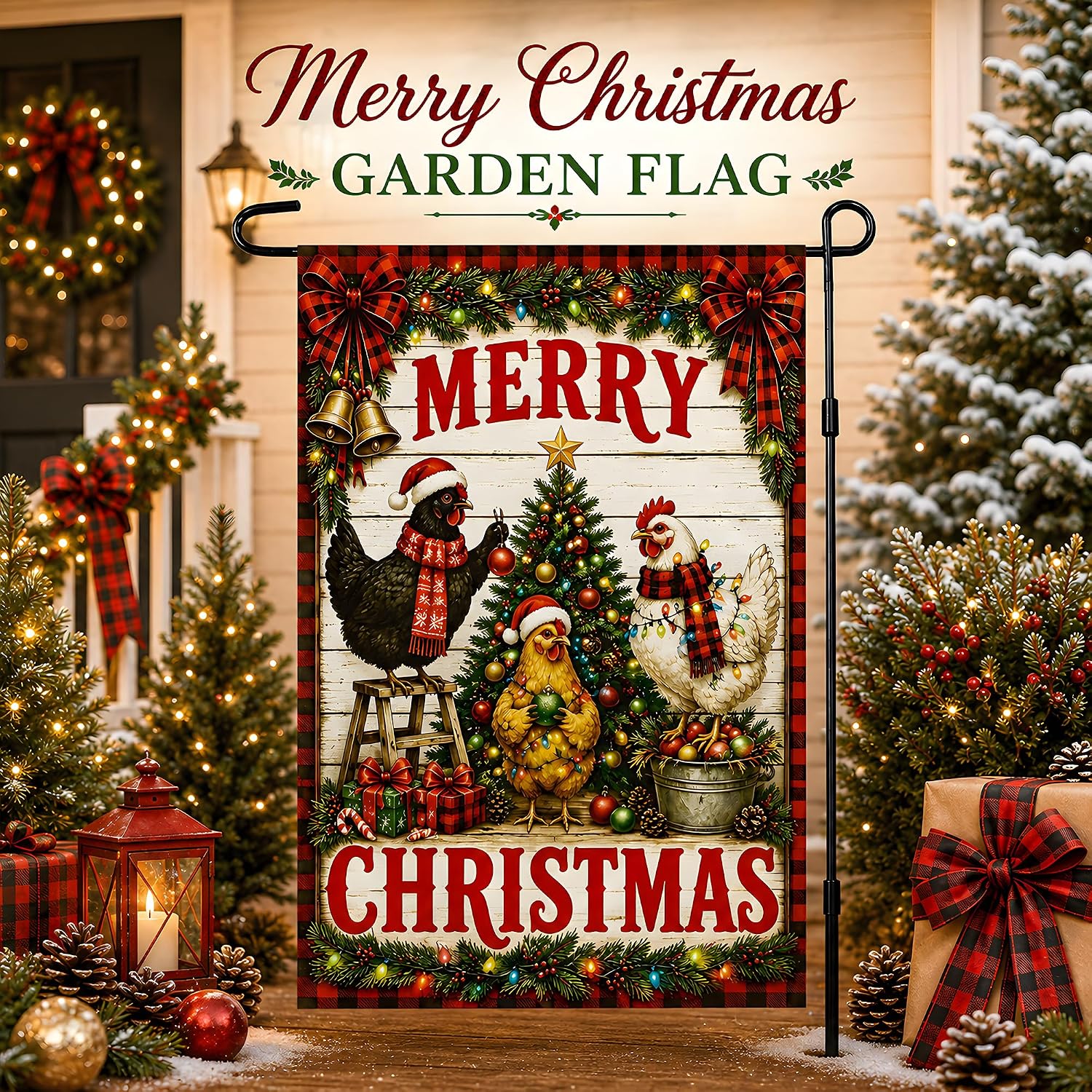 Detalle 2 de OHOME Farmhouse Chickens Merry Christmas Garden Flag, Double-Sided Polyester
