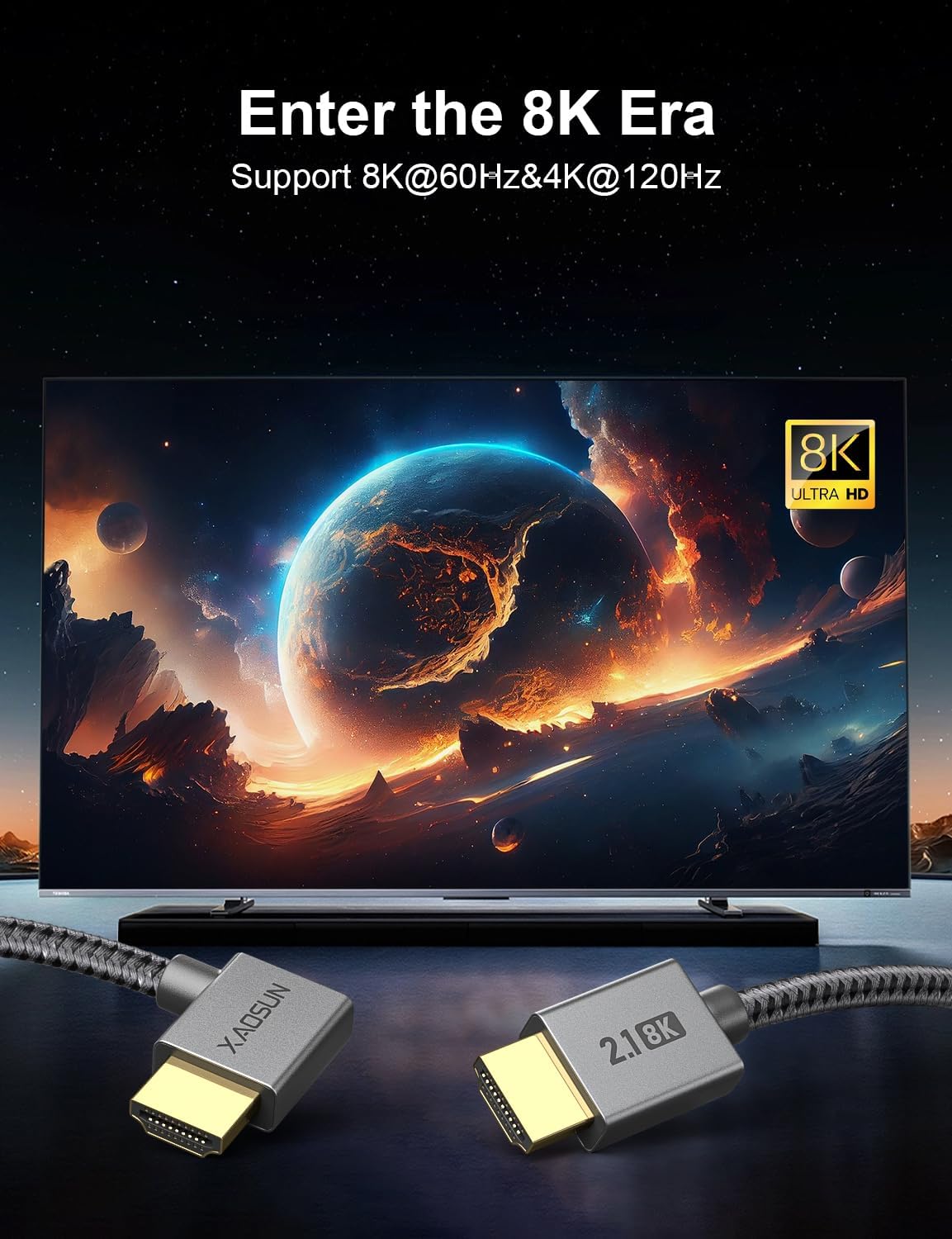 Detalle de XAOSUN Right Angle HDMI 2.1 Cable (1m) – 48Gbps 8K@60Hz, 4K@120Hz with eARC, HDR10, HDCP 2.2/2.3