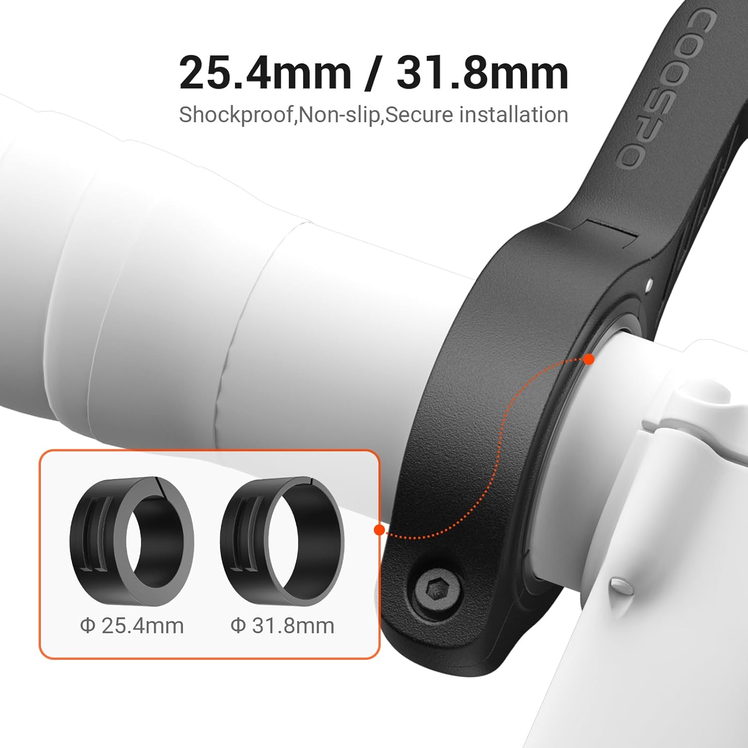 Detalle de CooSpo MT5S out-front bike computer and GoPro mount adapter for 25.4mm/31.8mm handlebars