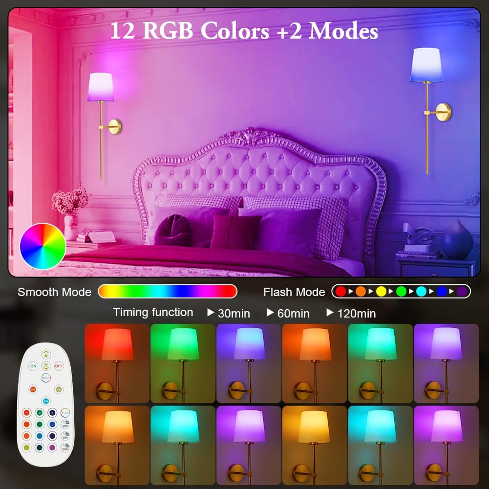 Thumbnail 3 de HOTUT 2-pack batteridrivna vägglampor med dimbart RGB-ljus och fjärrkontroll