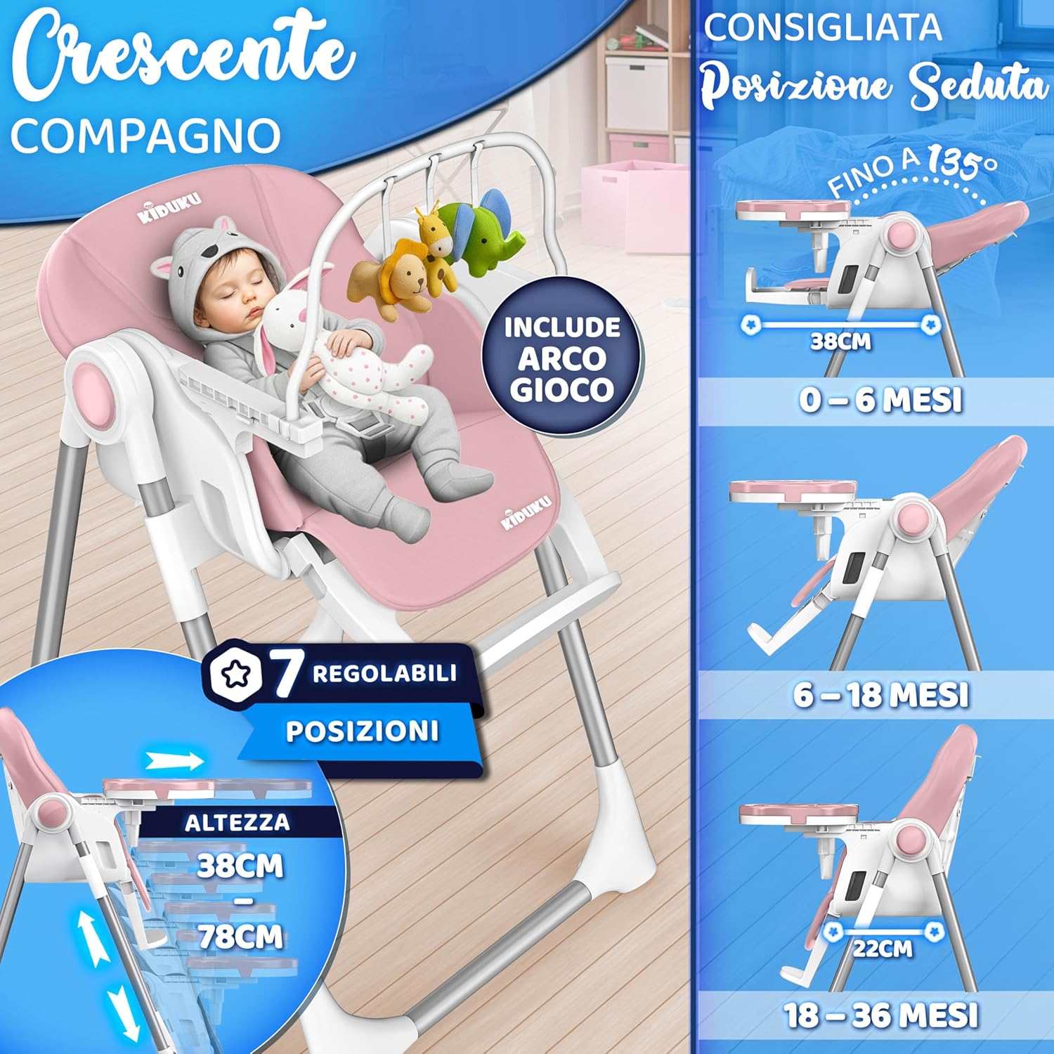 Thumbnail 1 de KIDUKU® Seggiolone Pappa Neonato 3 in 1 pieghevole con riduttore (0–36 mesi) Rosa