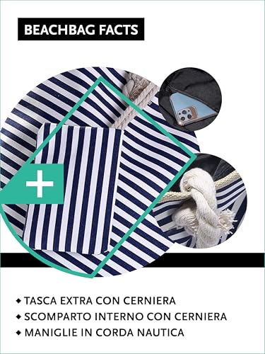 Thumbnail 2 de DonDon Borsa da spiaggia grande con cerniera 58 x 38 x 18 cm – stile marino a righe bianche e azzurro scuro