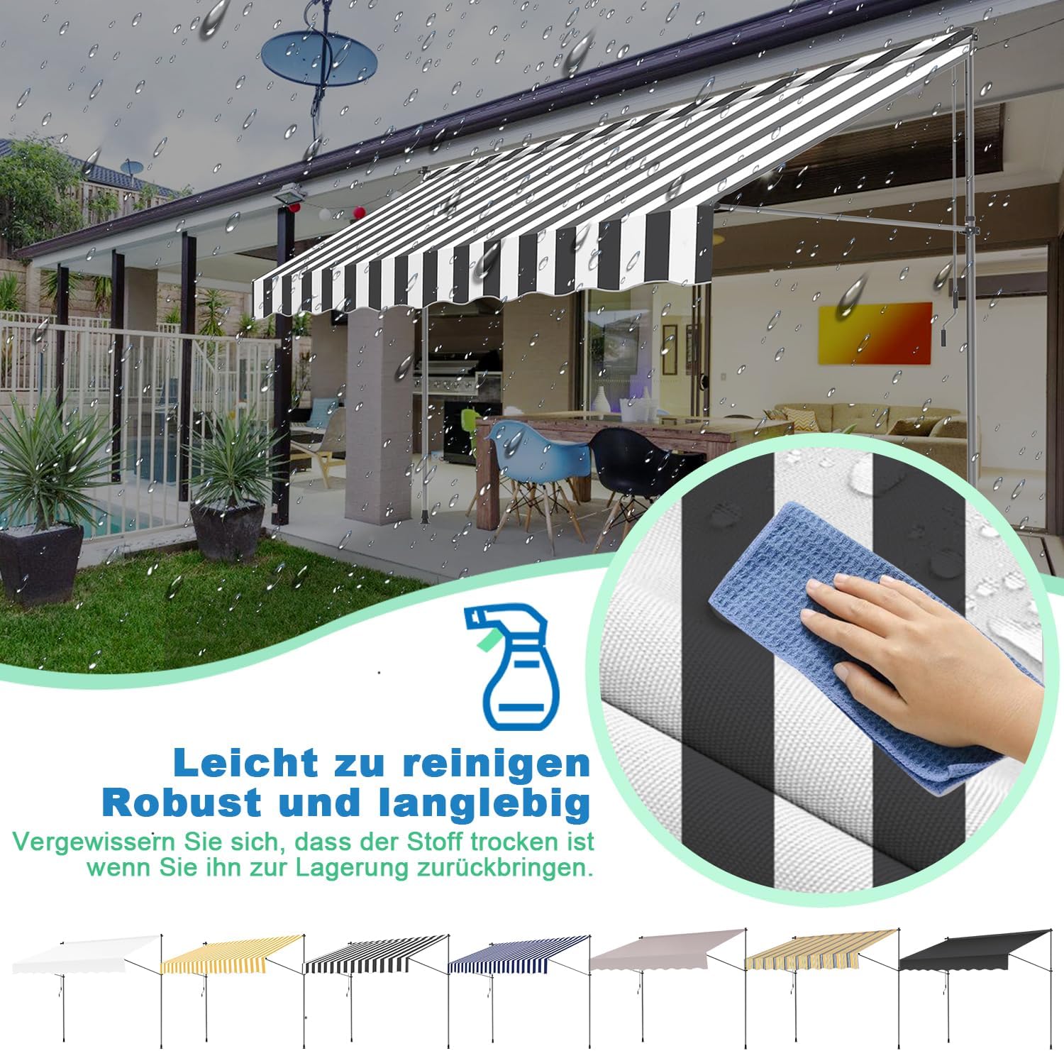 Thumbnail 3 de Ikodm Klemmmarkise 350 cm – Grau, Handkurbel, ohne Bohren, UV50+, wasserabweisend