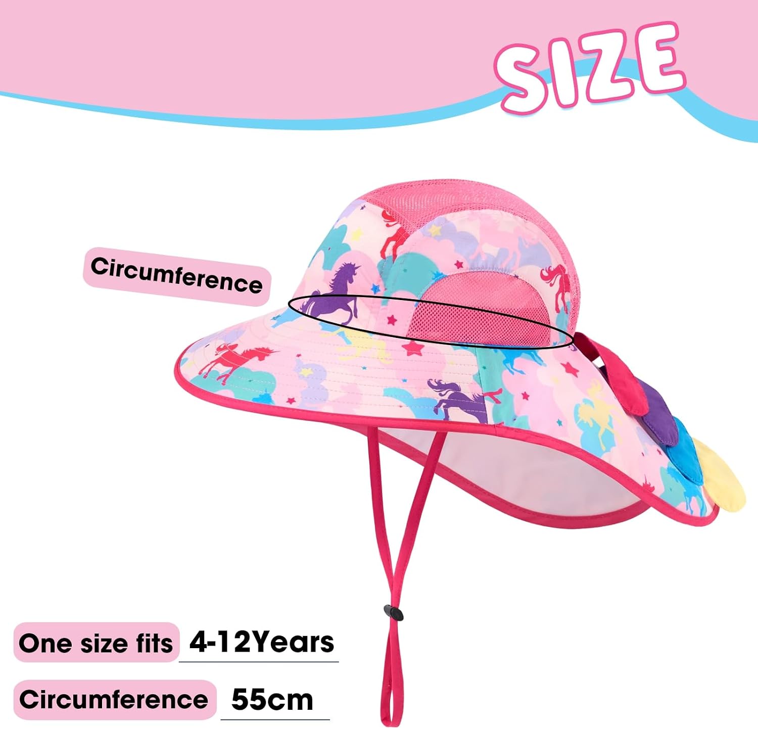 Detalle de WAWSAM Kids Unicorn Sun Hat for Girls – Adjustable UV Protective Summer Beach Cap
