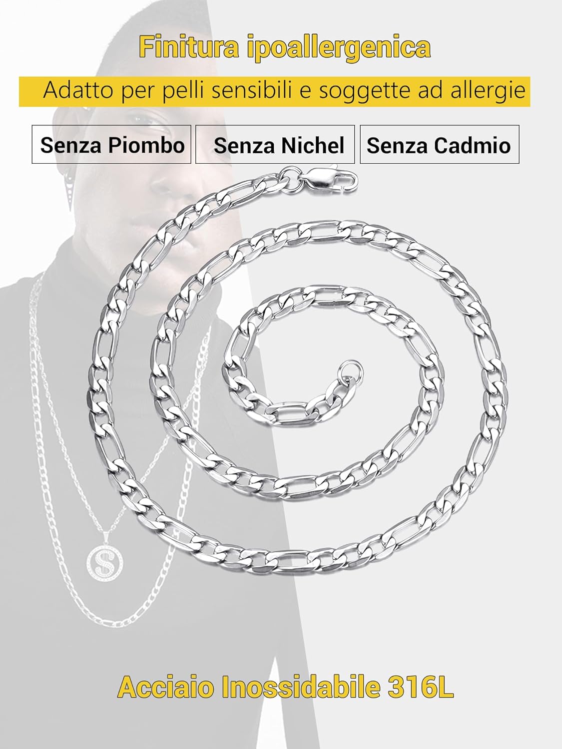 Thumbnail 4 de PROSTEEL Collana Catena Semplice da Uomo a Modello Maglia Figaro 3+1 in Acciaio Inox 316L - 4/6/9/13 mm, Oro o Argento, Confezione Regalo