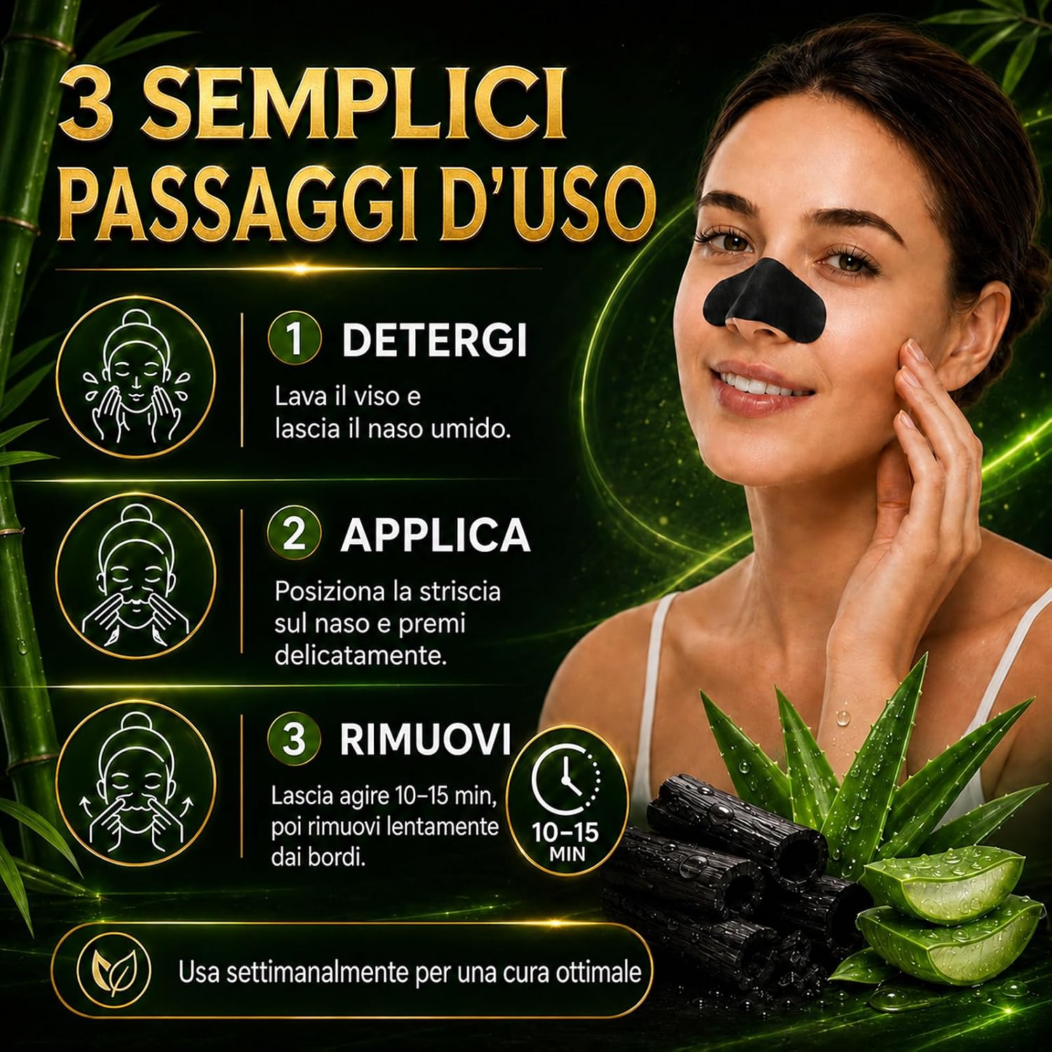 Detalle de Cerotti Punti Neri Naso al Carbone di Bambù – 10 Strisce, Rimozione Profonda dei Punti Neri