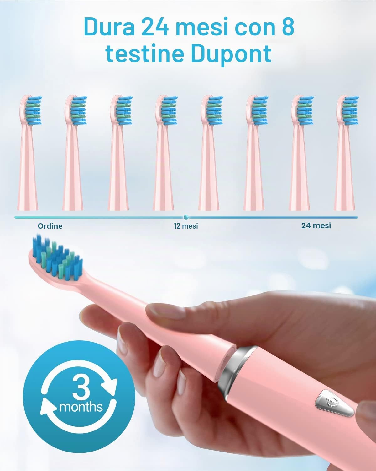 Detalle 2 de Spazzolino elettrico sonico rosa perlato con 8 testine, 5 modalità e IPX7
