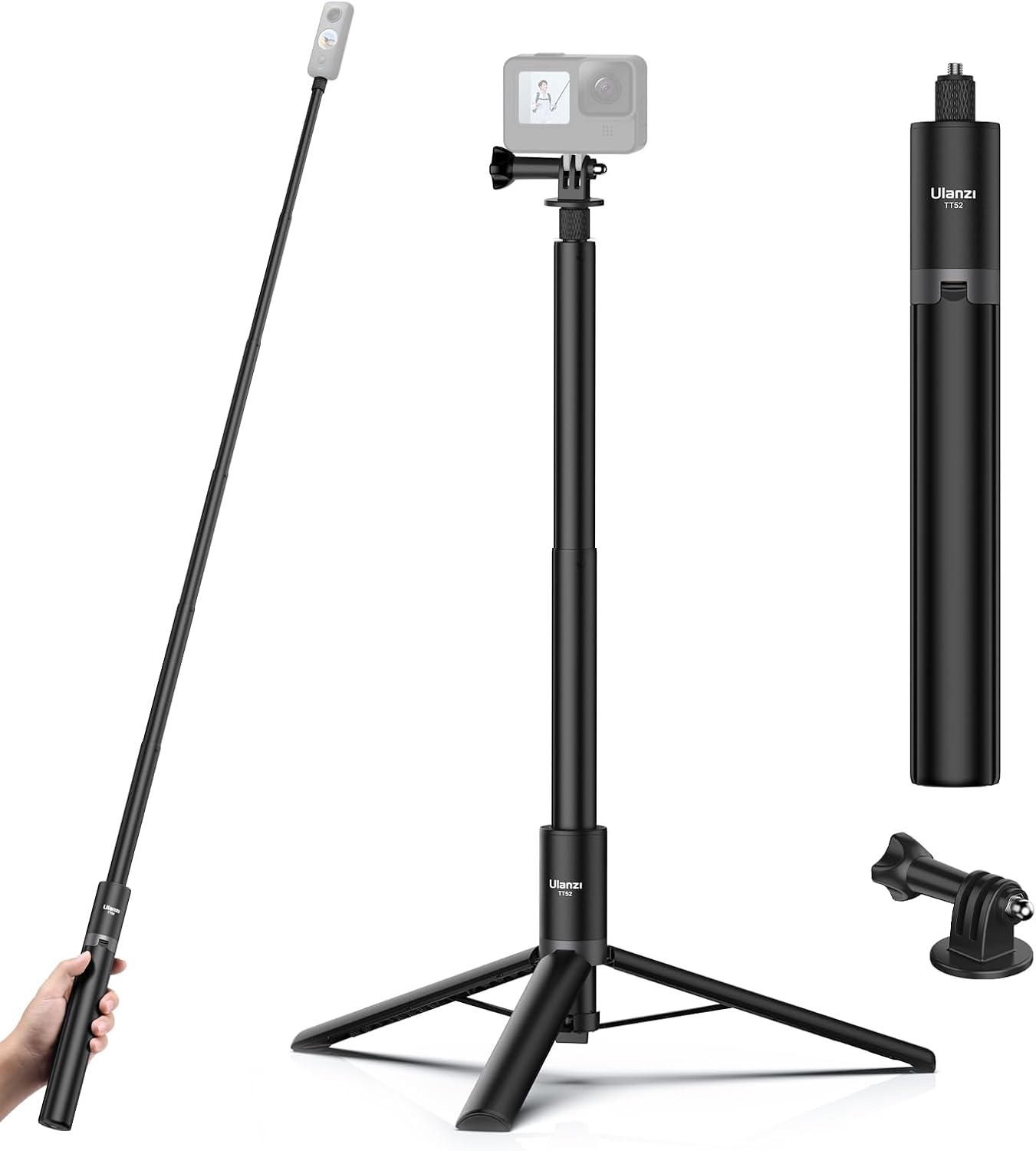 ULANZI Trépied pour Selfie Stick 150 cm (TT52) 2-en-1 avec tête 1/4’’, compatible Insta360 GO 3 / GO 2 et DJI Pocket 3/4