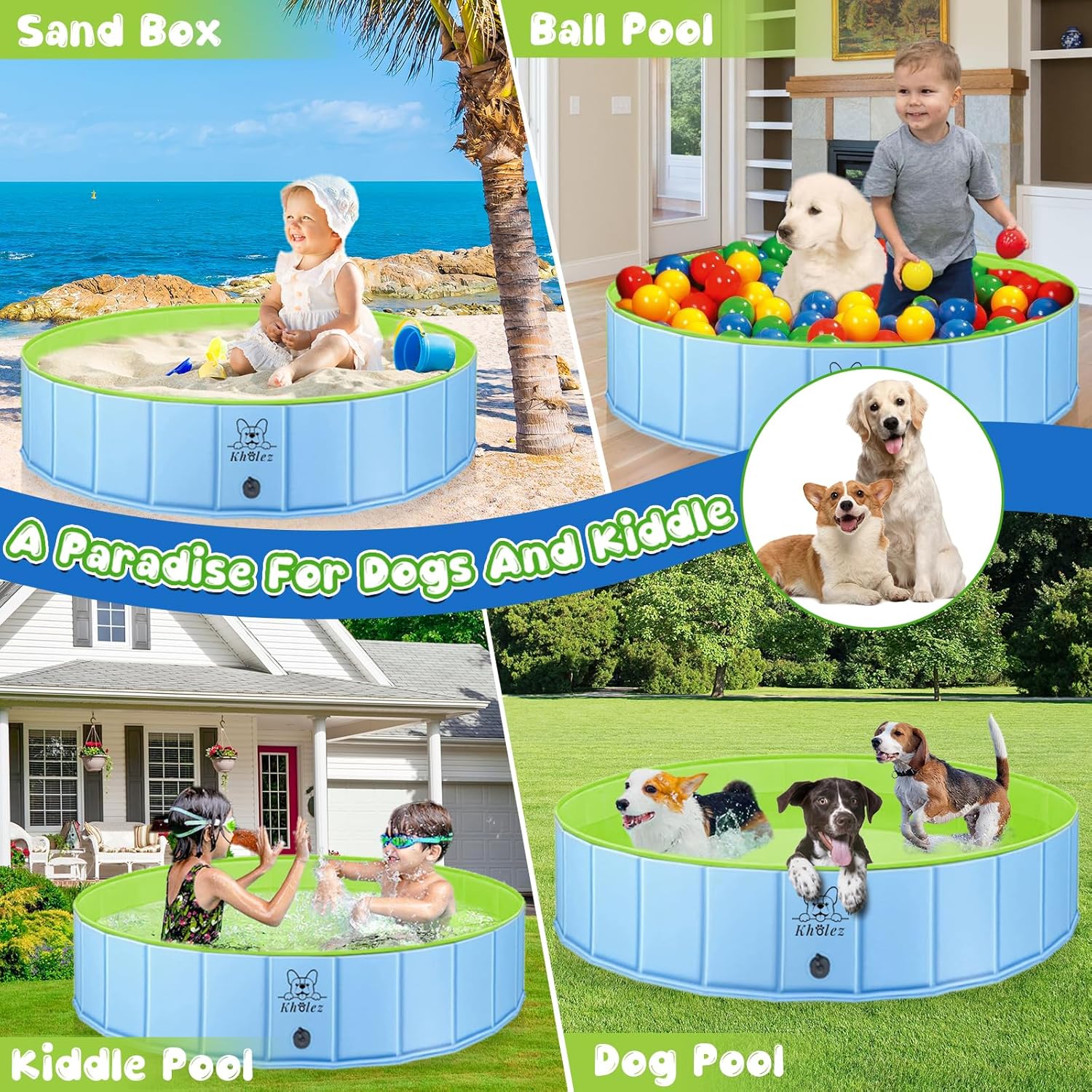 Thumbnail 6 de Dog Paddling Pool, Upgraded 120 x 30 cm Foldable Pet Swimming Pool with Bath Brush and Hose Adapter