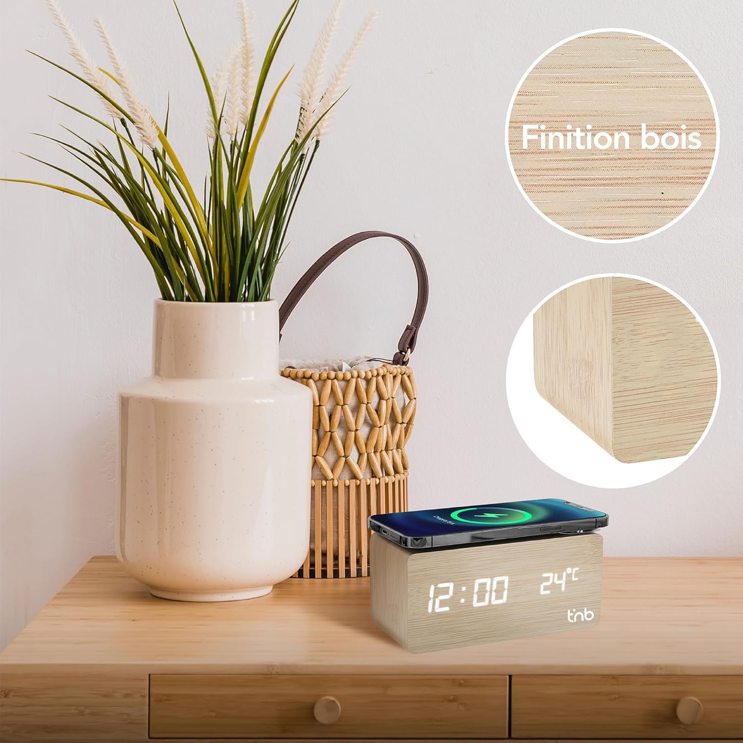 Thumbnail 3 de T'nB Réveil Dynamo avec Chargeur Induction 10W – Bois, 3 Alarmes et Luminosité Réglable
