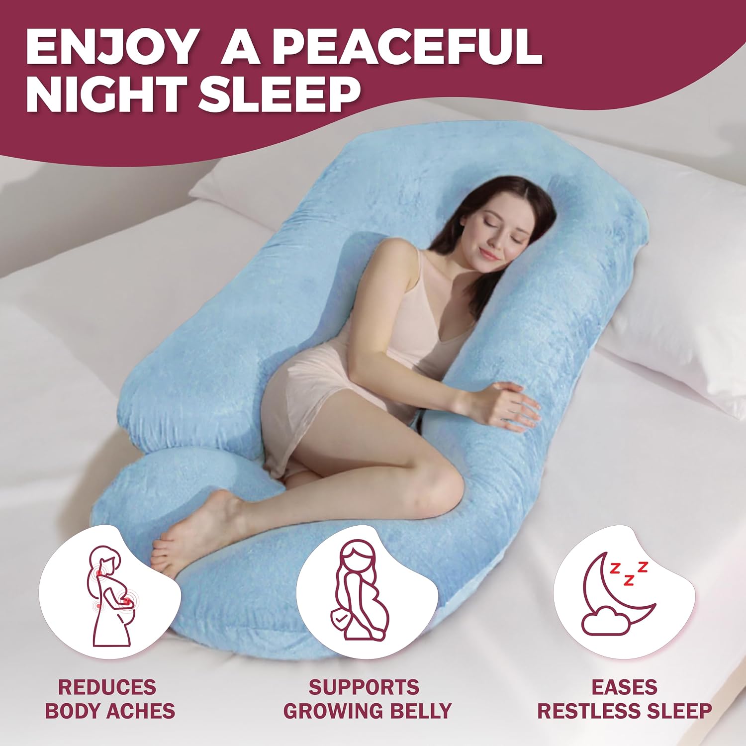 Detalle de PILLANI 57-Inch Pregnancy Pillow, U/V/C Full-Body Support with Washable Cover