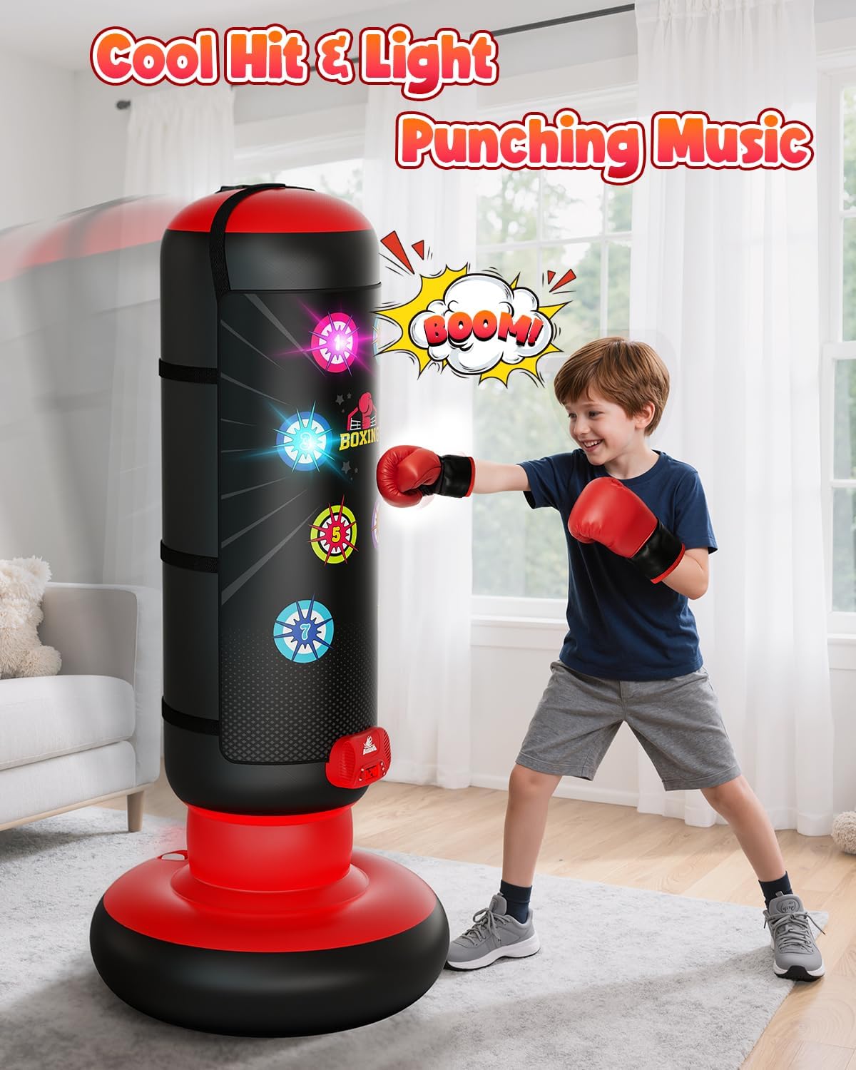 Thumbnail 1 de Kids Interactive Punching Bag with Music & Light, 4-Mode Boxing Game (Inflatable with Gloves)