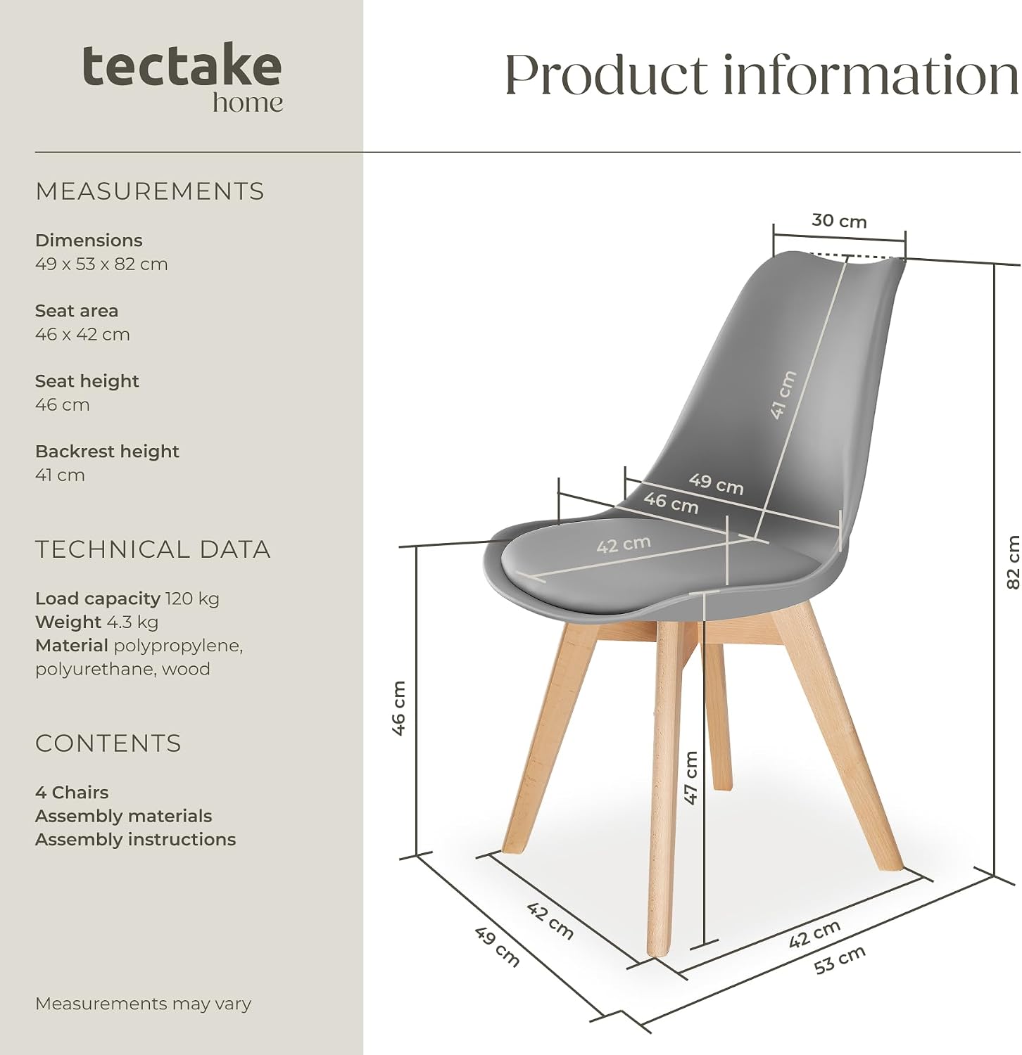 Detalle de tectake 406094 matstolar, 4-pack med stoppad skålsits och ben i almträ