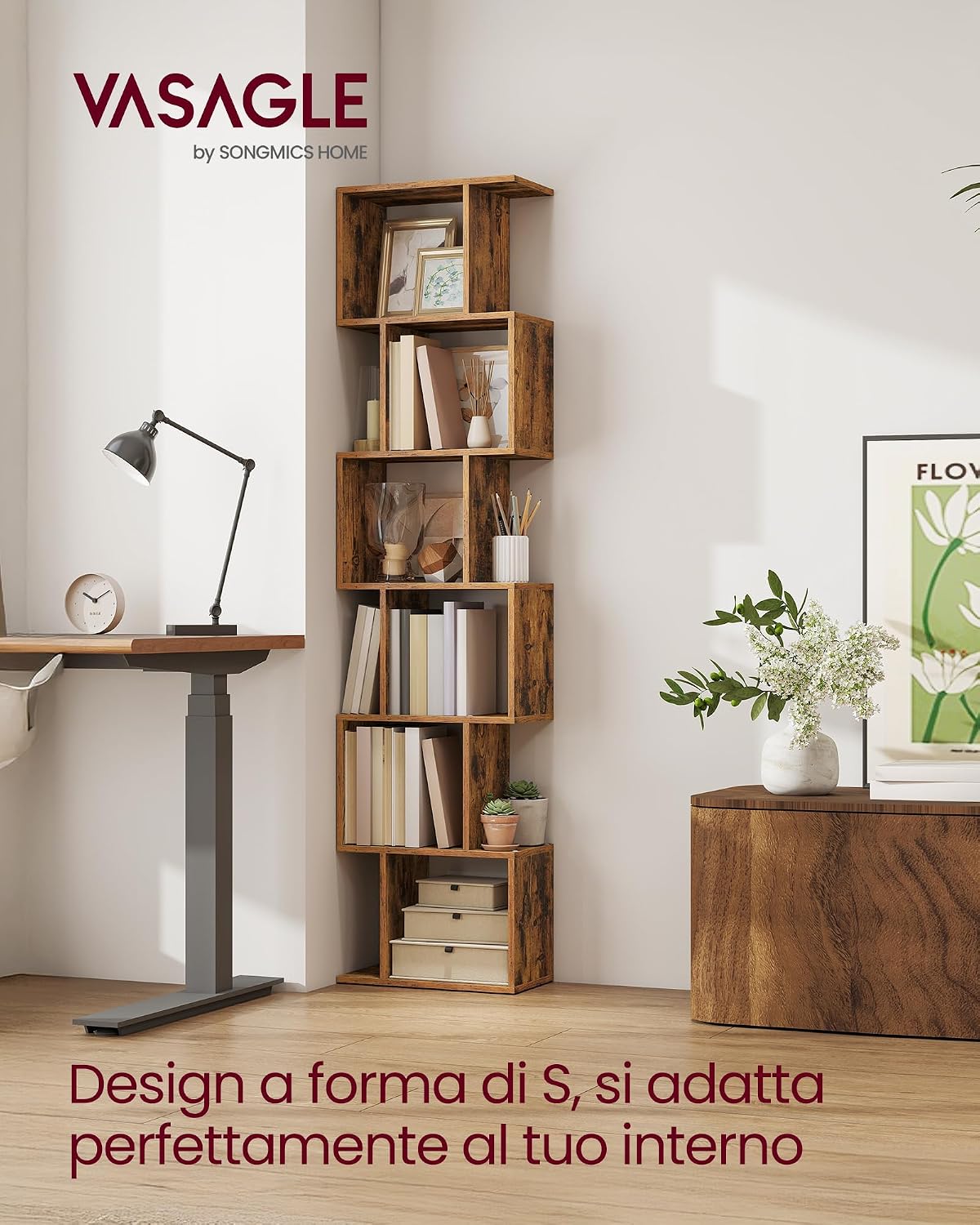Detalle de VASAGLE CUSTOS Collezione - Scaffale a 6 Ripiani in Marrone Vintage, 24 x 40 x 191 cm