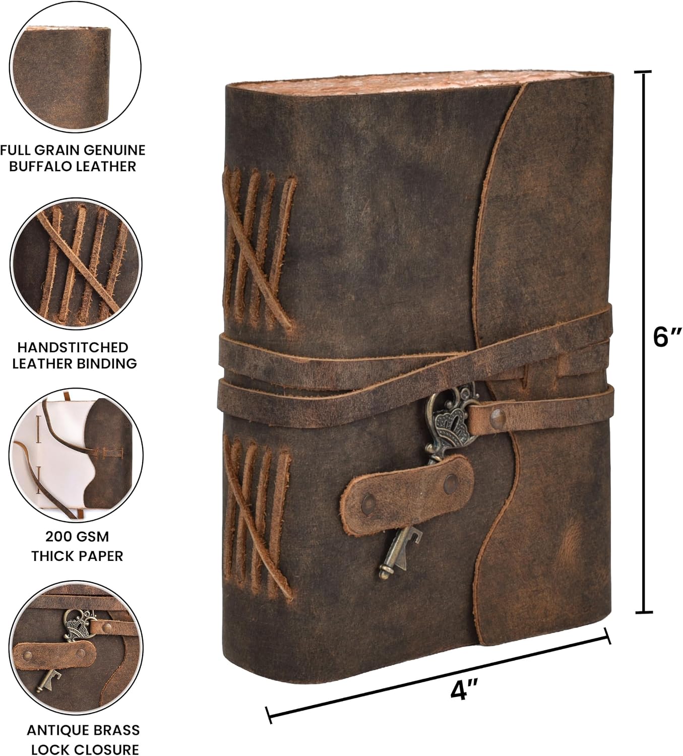 Detalle 2 de LEATHER VILLAGE Leather Journal, 6 x 4 Inches, Distressed Brown, Key Lock