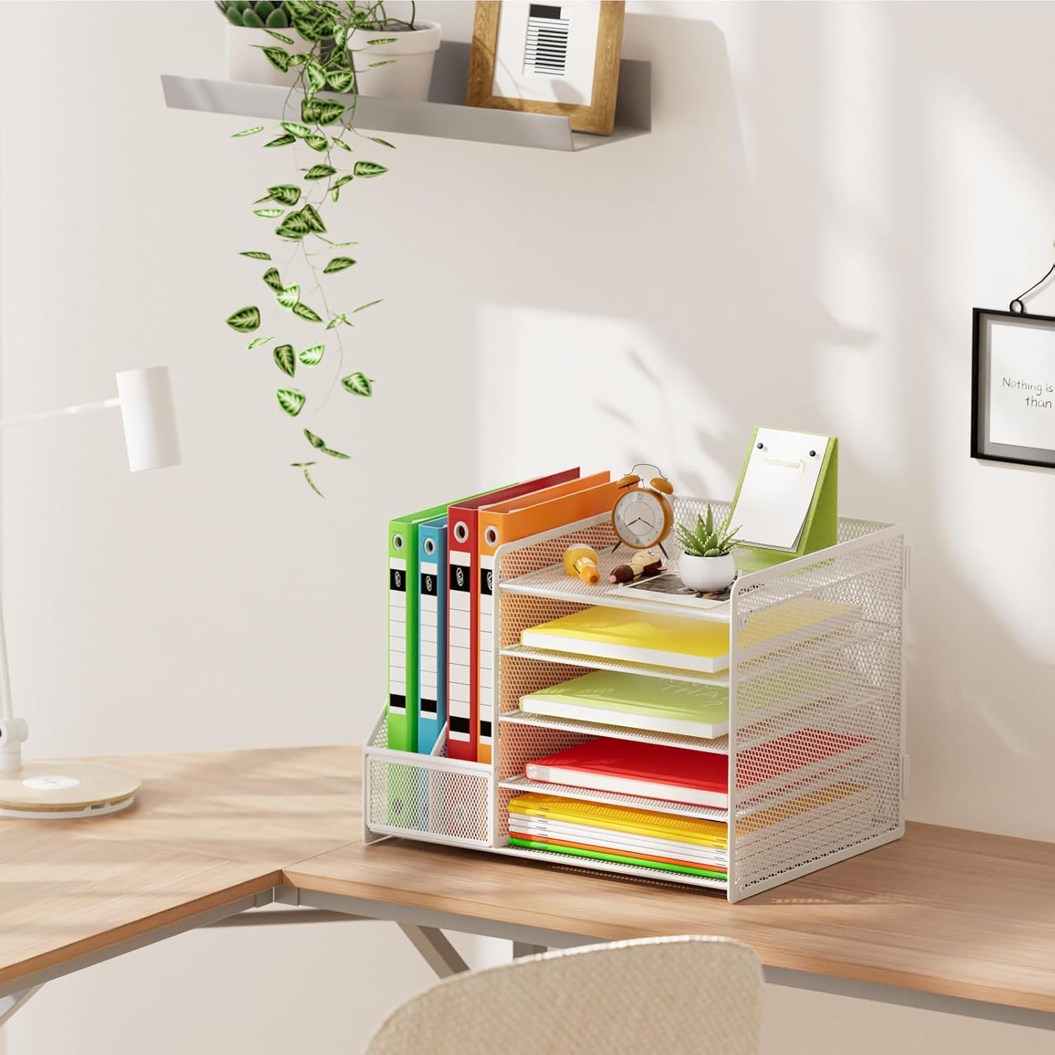 Detalle de Marbrasse Desk Organiser File Holder — 5-Tier Mesh Tray with Magazine Holders (White, no Drawer)