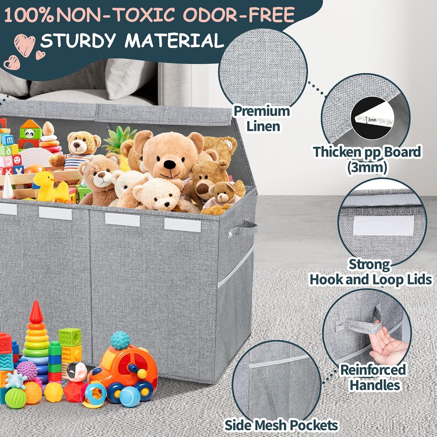 Thumbnail 3 de Rocamdo 663942 Toy Box, 38-Inch Collapsible Linen Bin with 3 Lids
