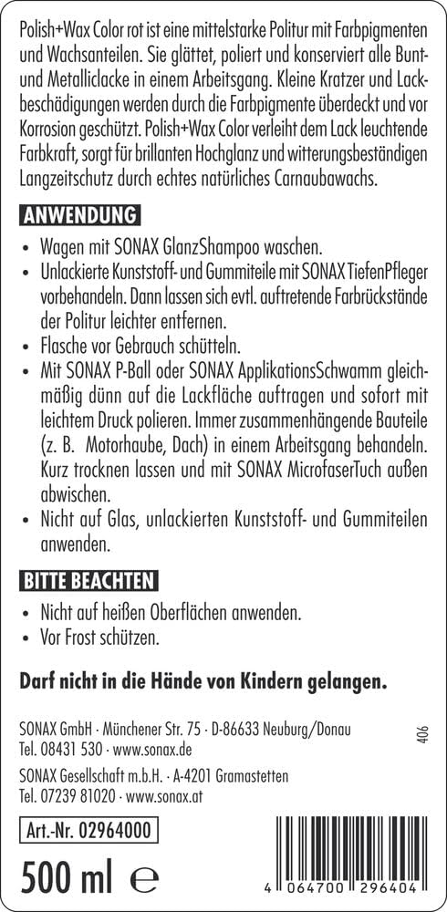 Thumbnail 1 de SONAX Polish & Wax Color rot (500 ml) – Politur mit Farbpigmenten und Wachsanteilen