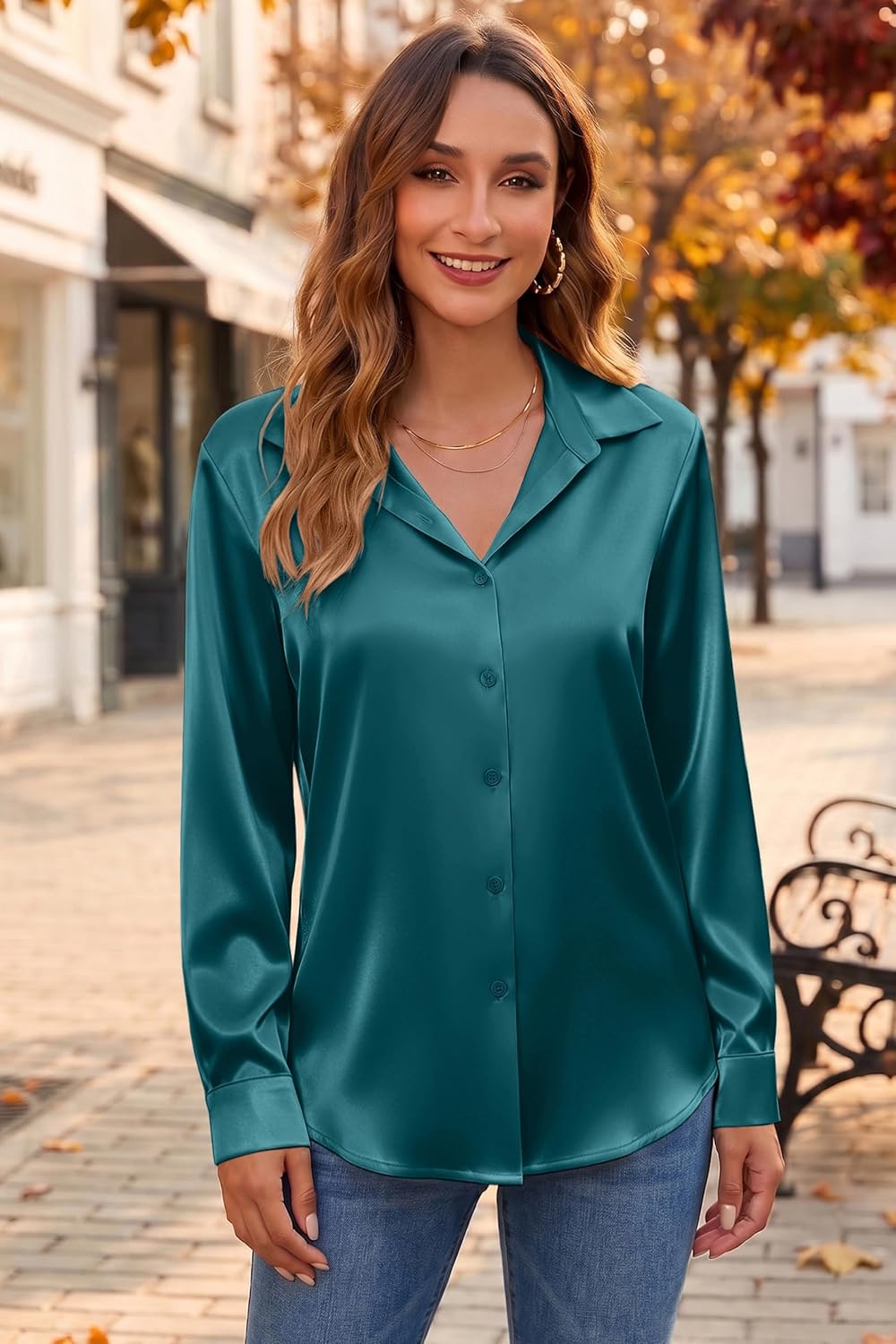 Detalle 2 de Hotouch HDH000005-CA Women's Satin-Silk Button-Down Blouse, V-Neck