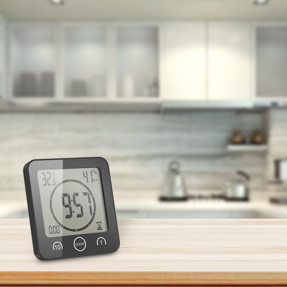 Detalle de ALLOMN badkamerklok met lcd-scherm, IP24, countdown-timer en temperatuurweergave