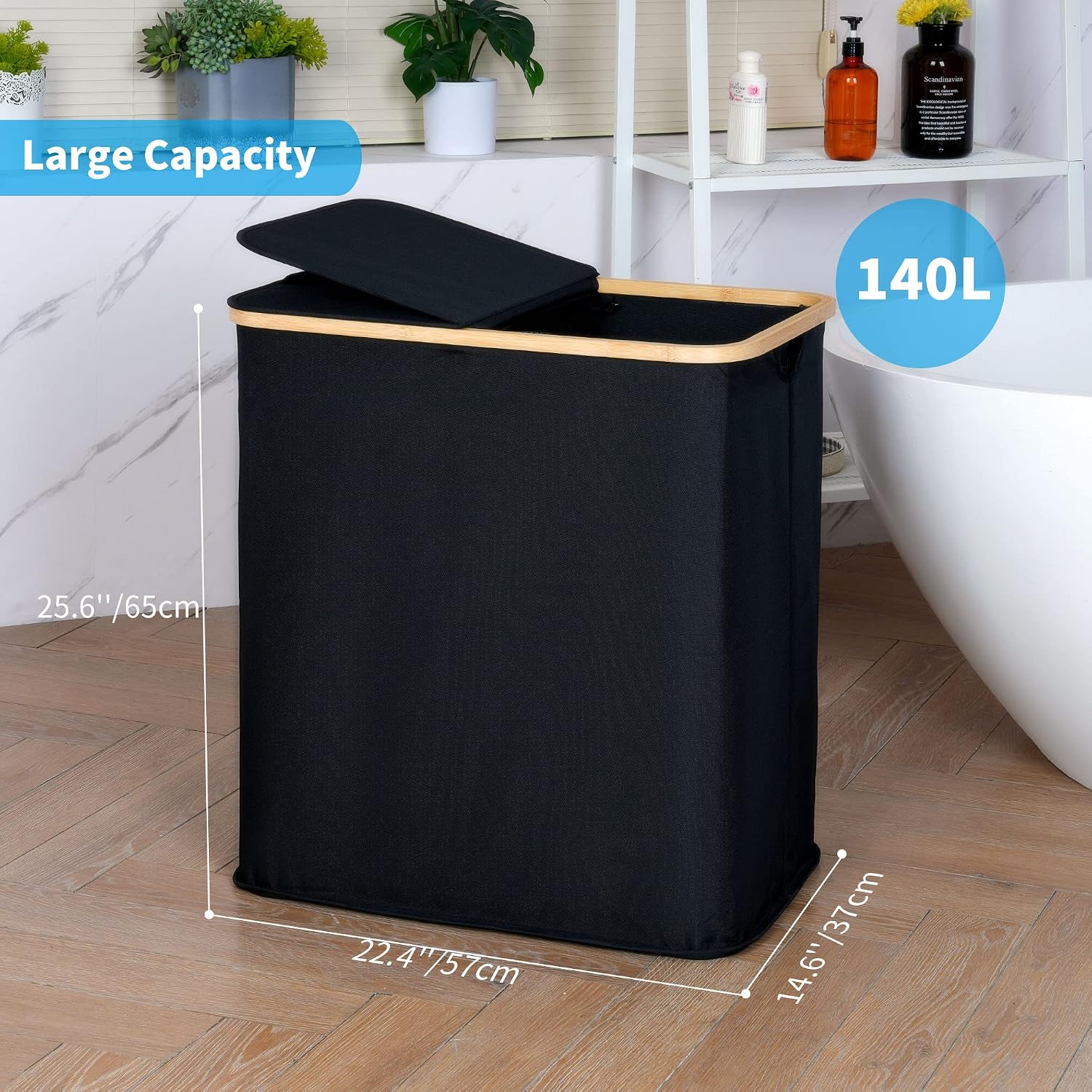 Detalle de efluky EF-140 wasmand met deksel, 140 liter en 2 vakken, zwart