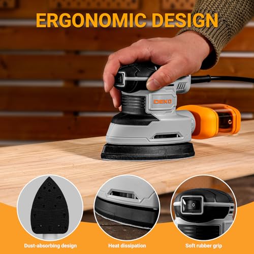 Detalle de DEKOPRO lijadora eléctrica para madera de 180W, orbital y 13000 RPM con colector de polvo y 15 lijas