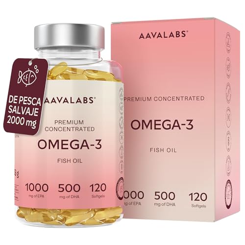 Detalle de Omega 3 2000 mg por dosis diaria de AAVALABS: 1000 mg EPA + 500 mg DHA en 2 cápsulas