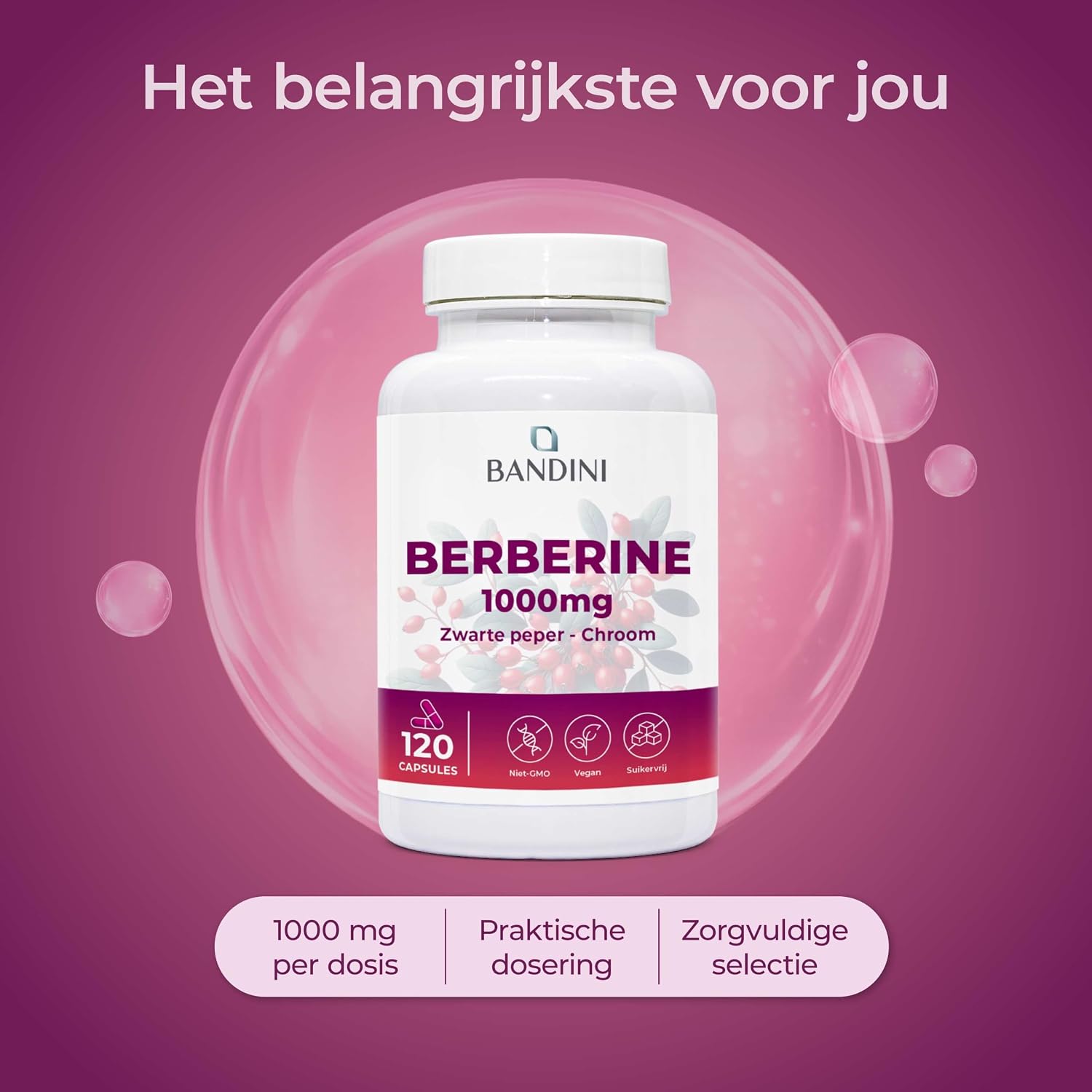 Detalle 2 de Bandini Berberine 1000 mg, 120 veganistische capsules met chroom en zwarte peper