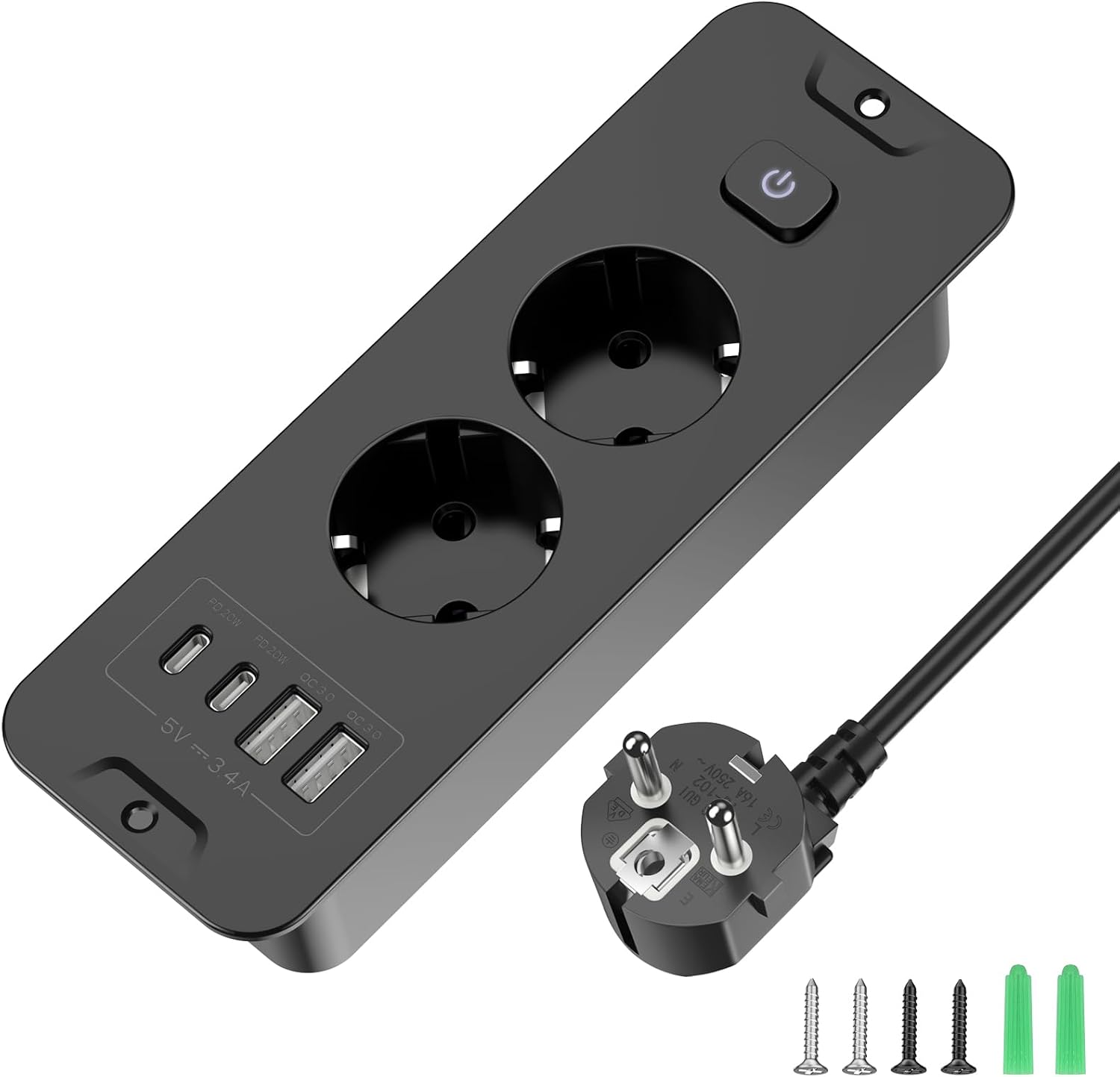 Detalle de Versenkbare Steckdose 2-Fach mit USB-C/USB-A – Einbau-Steckdosenleiste für Tischplatten