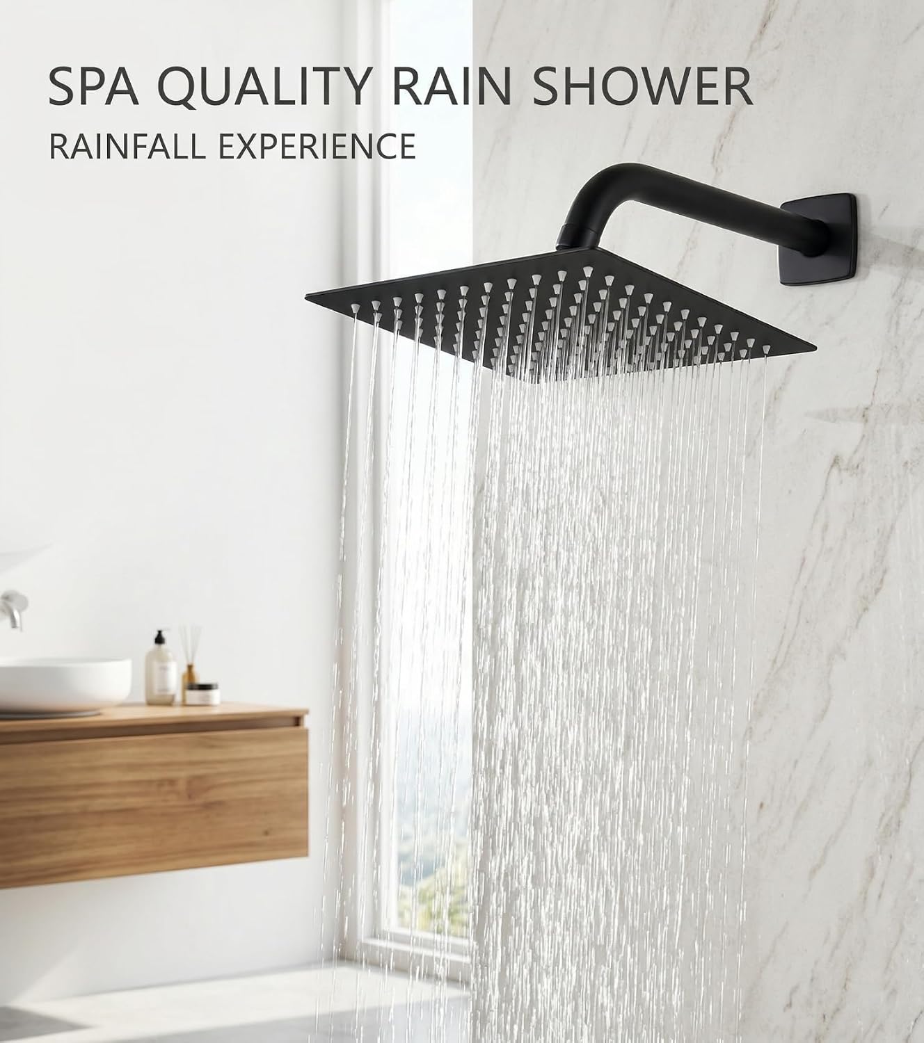 Thumbnail 2 de SIEYESCITY 8 Inch Large Square Rainfall Shower Head – Stainless Steel, Adjustable Overhead Waterfall, 100 Silicone Jets
