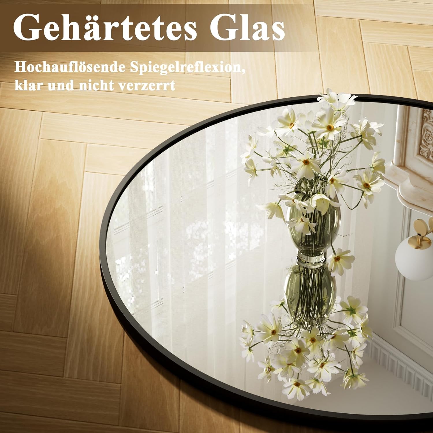 Detalle de BEAUTYPEAK 106 cm runder Wandspiegel mit bruchsicherem Glas und Aluminiumrahmen in Schwarz
