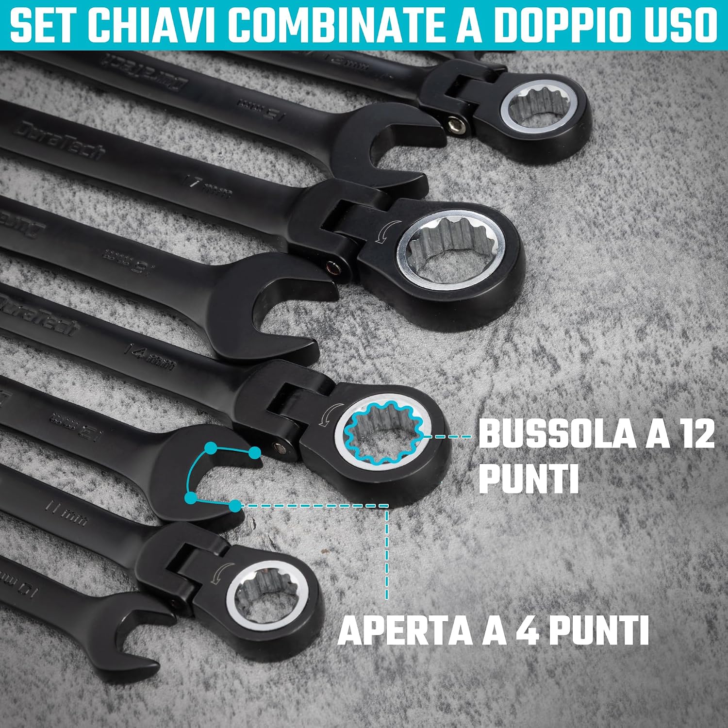 Thumbnail 5 de DURATECH set di chiavi combinate a cricchetto con testa flessibile, 72 denti (9 pezzi) con custodia