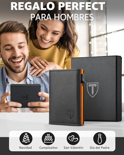 Thumbnail 6 de TEEHON Cartera de Cuero para Hombre con Cierre Magnético y Protección RFID (Negro & Naranja)