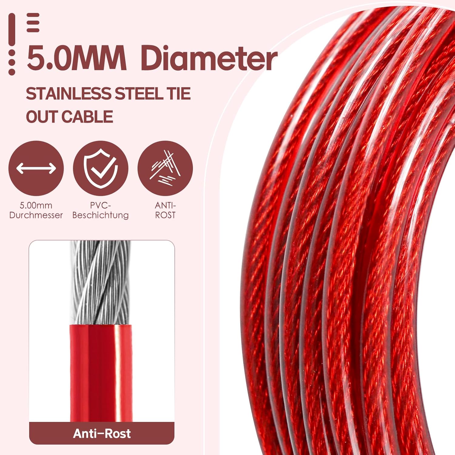 Detalle 2 de Dog Tie Out Stake and Run Cable, 6m Long Lead with Yard Stake for Camping & Beach