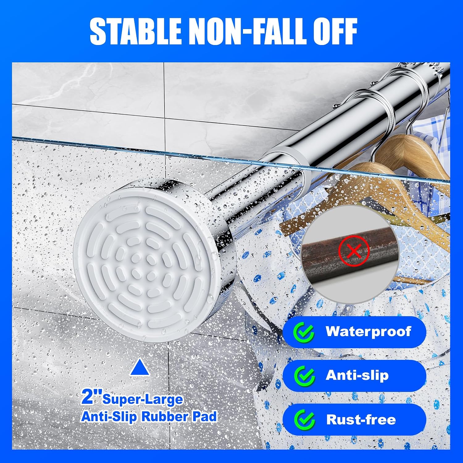 Detalle de Ausemku yq-a-A80Y Tension Shower Curtain Rod, Stainless Steel, Silver