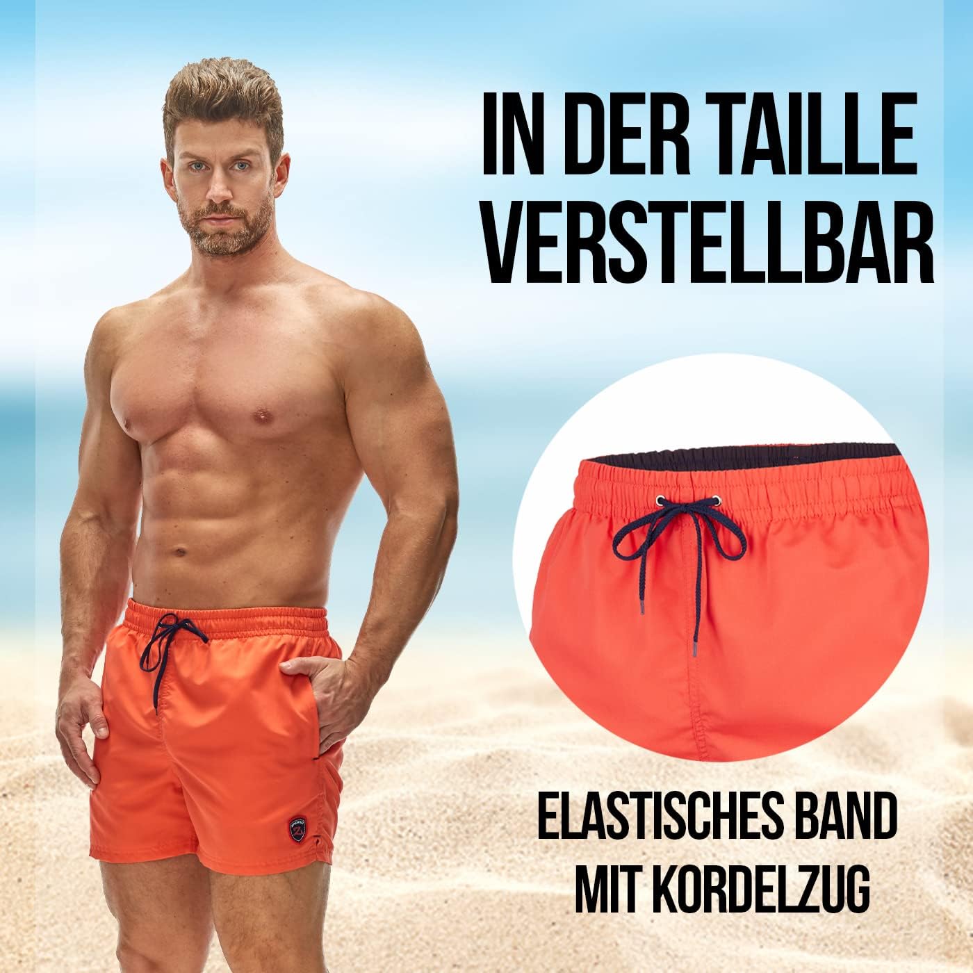 Detalle de Zagano Herren Badeshorts schnelltrocknend mit Tunnelzug und Mesh-Einsätzen – Boardshorts für Sport, Freizeit & Schwimmen