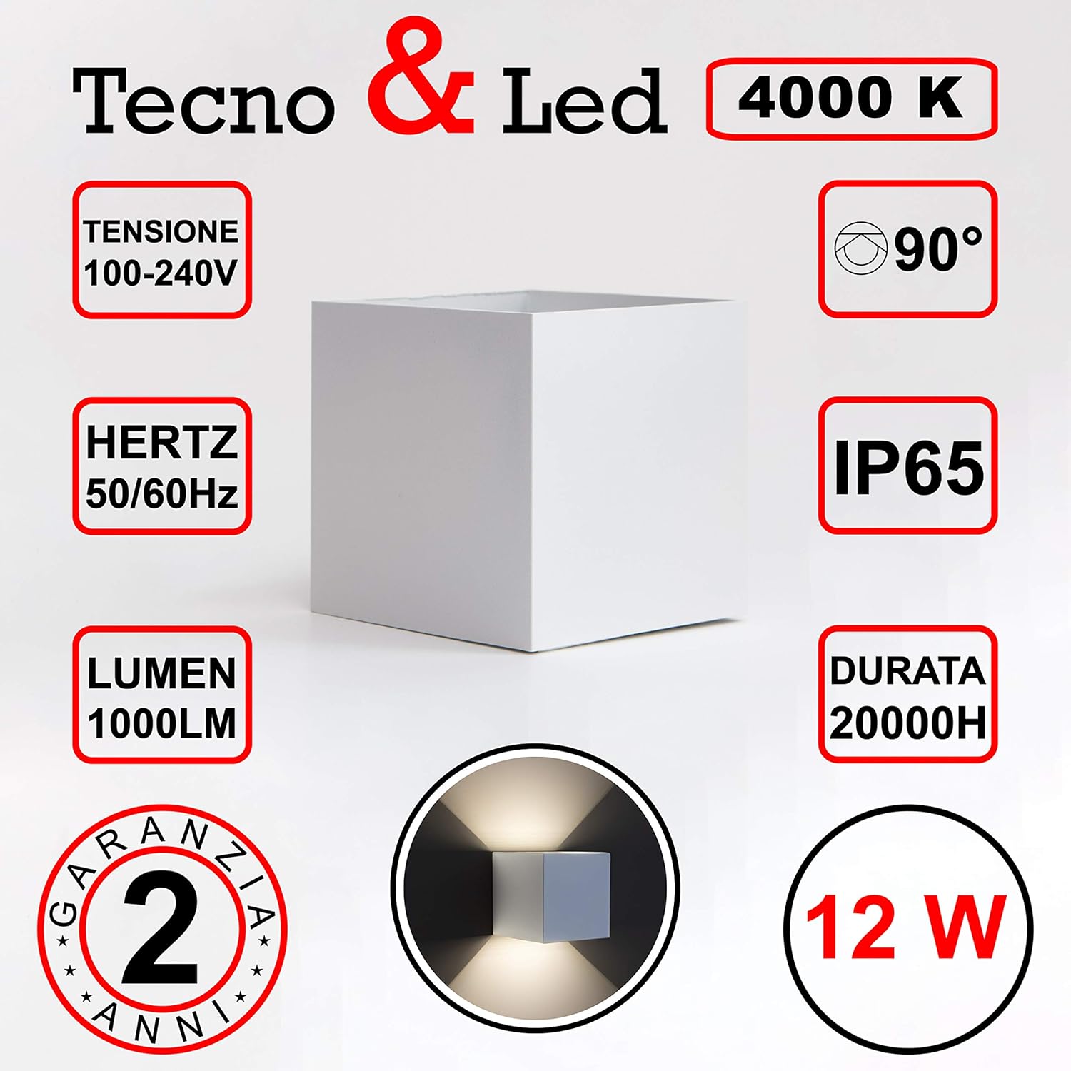 Thumbnail 1 de TECNO&LED Applique da parete Cubo Nero con LED luce naturale 12W regolabile, IP65