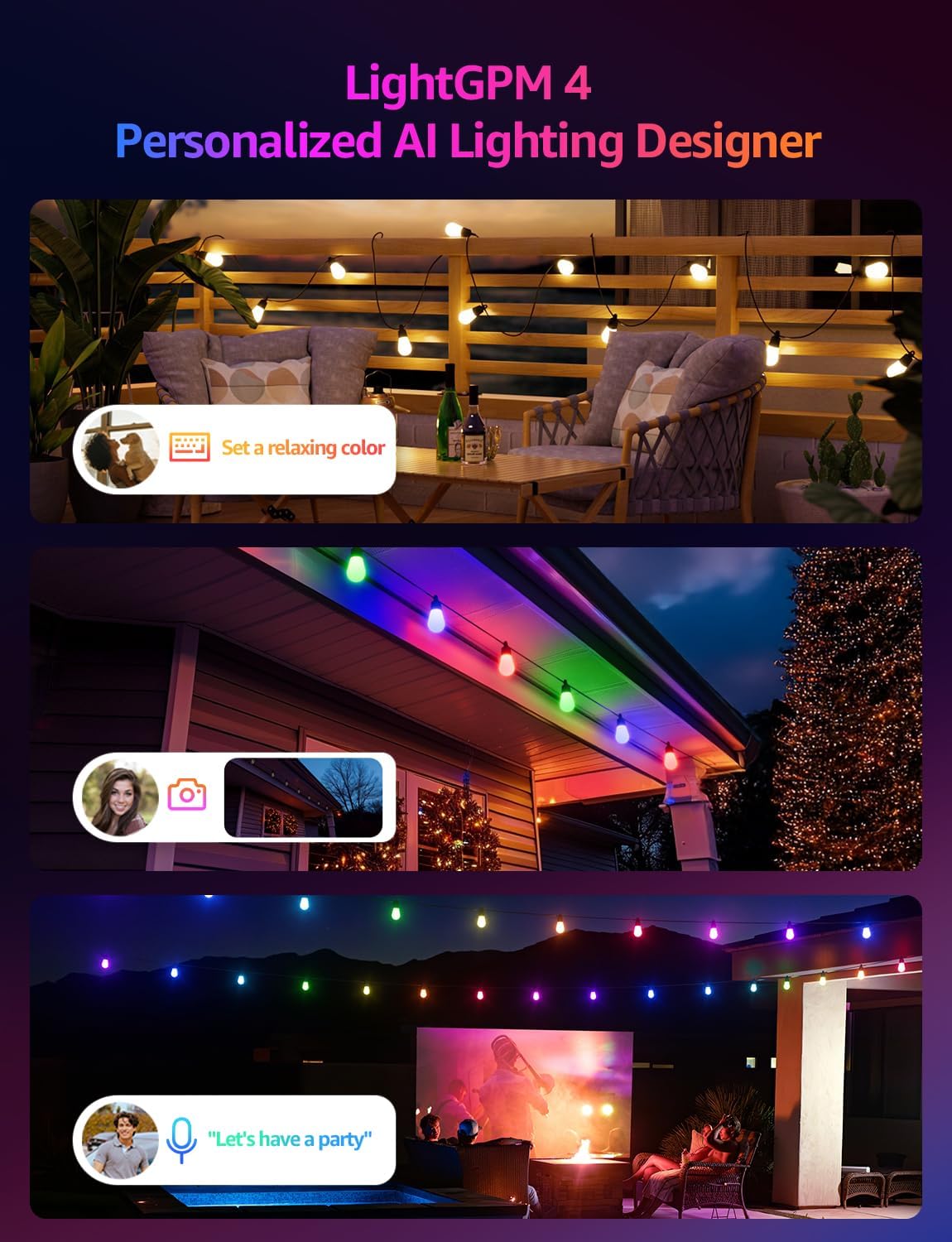 Thumbnail 1 de Lepro ZB1 AI Festoon Lights Outdoor 15m (RGB + IC Warm White) – Smart music sync string lights with Alexa