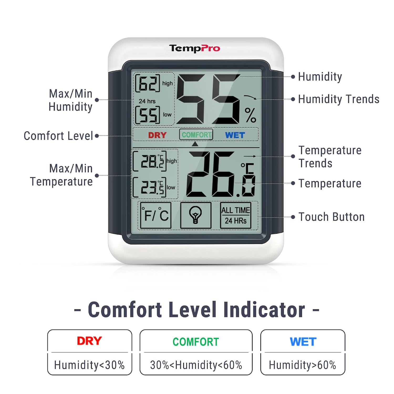 Thumbnail 4 de TempPro TP55-2 thermohygrometer met touchscreen en achtergrondverlichting, set van 2